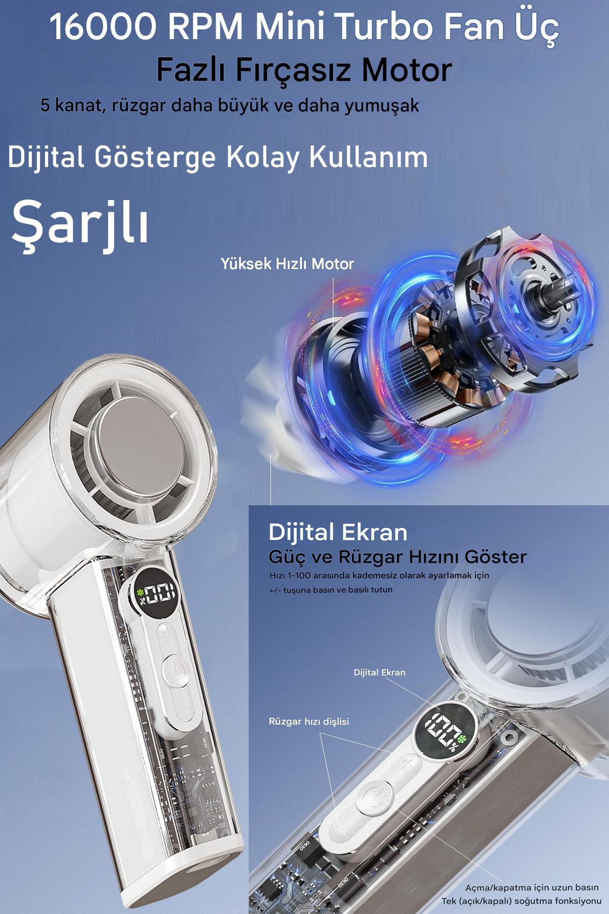 nextbuy Şarjlı Mini El Fanı Dijital Göstergeli Ayarlanabilir Soğutucu Pervane Taşınabilir Şarj Beyaz Fan X05