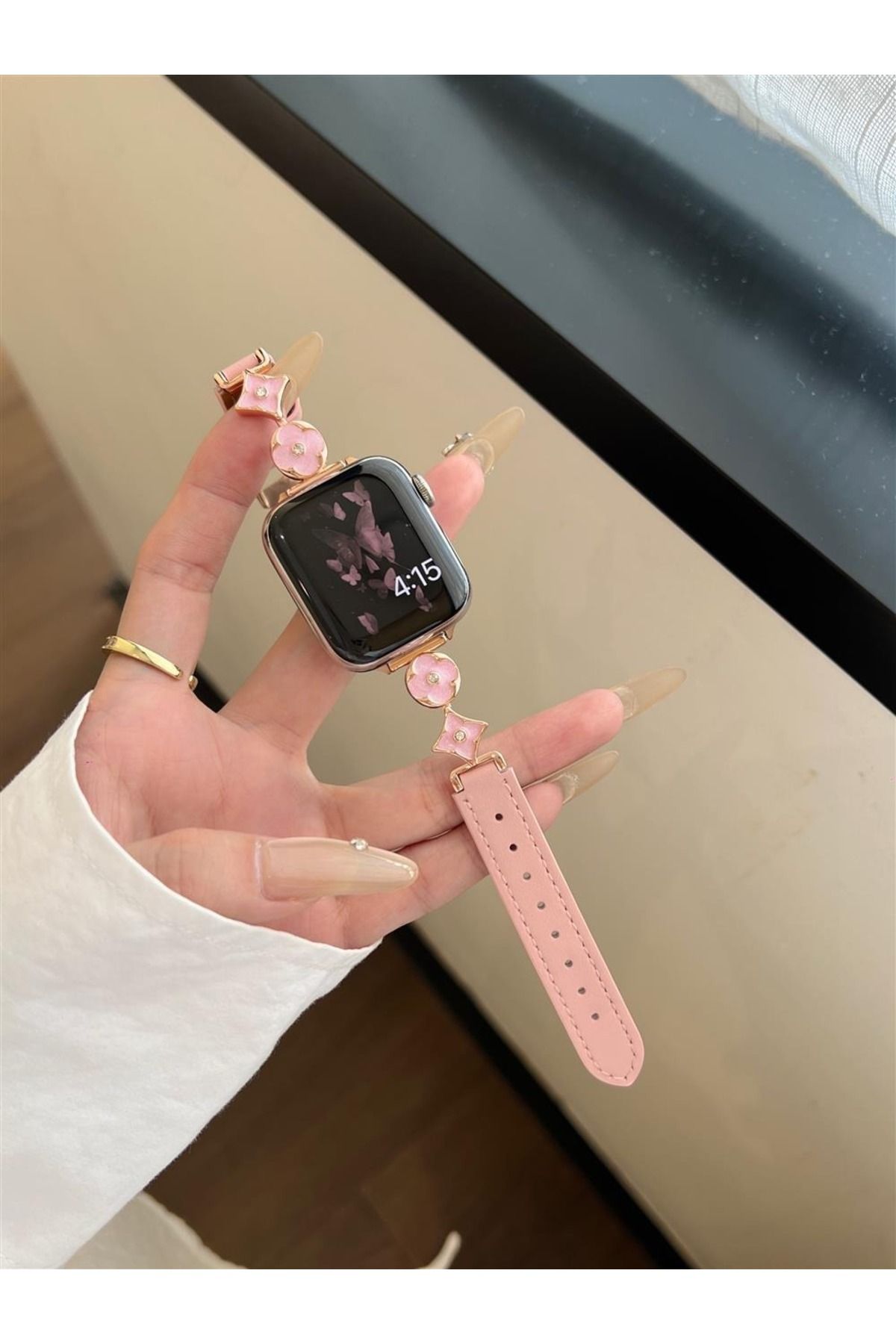 Alstrap Apple Watch 10 42mm 5 6 7 8 9 Se 38 40 41mm Uyumlu Zari İnci Taşlı Deri Kordon Kayış