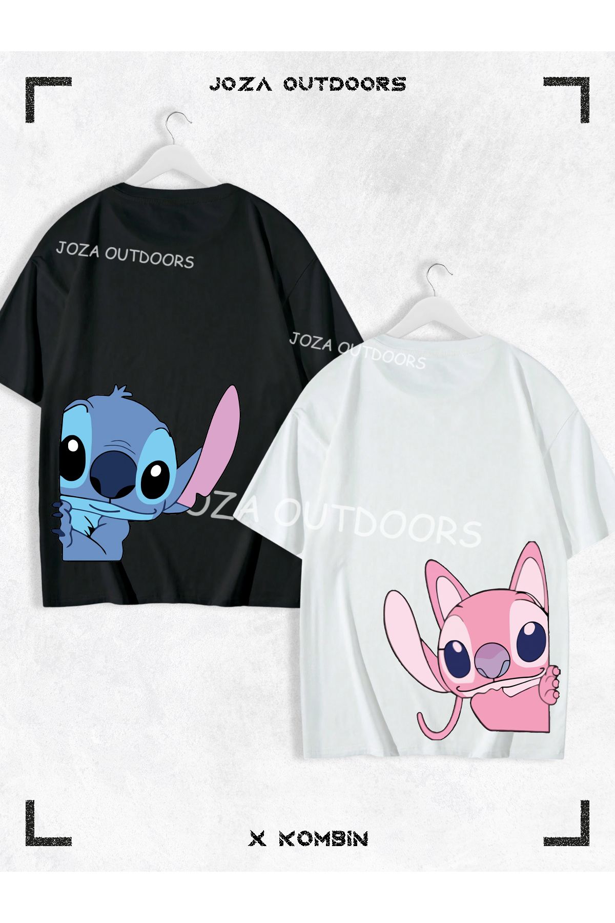 Jobia Outdoors Kadın Erkek Lilo Angel Stitch Arka Bel Baskılı Sevgili Çift Kombini Oversize Renkli Tshirt 2li Takım