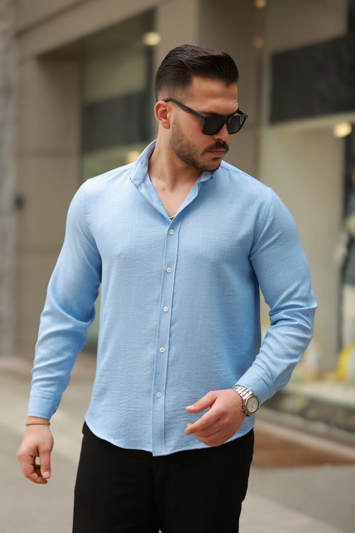 neonstore Erkek Keten Görünümlü Rahat Kalıp Gömlek