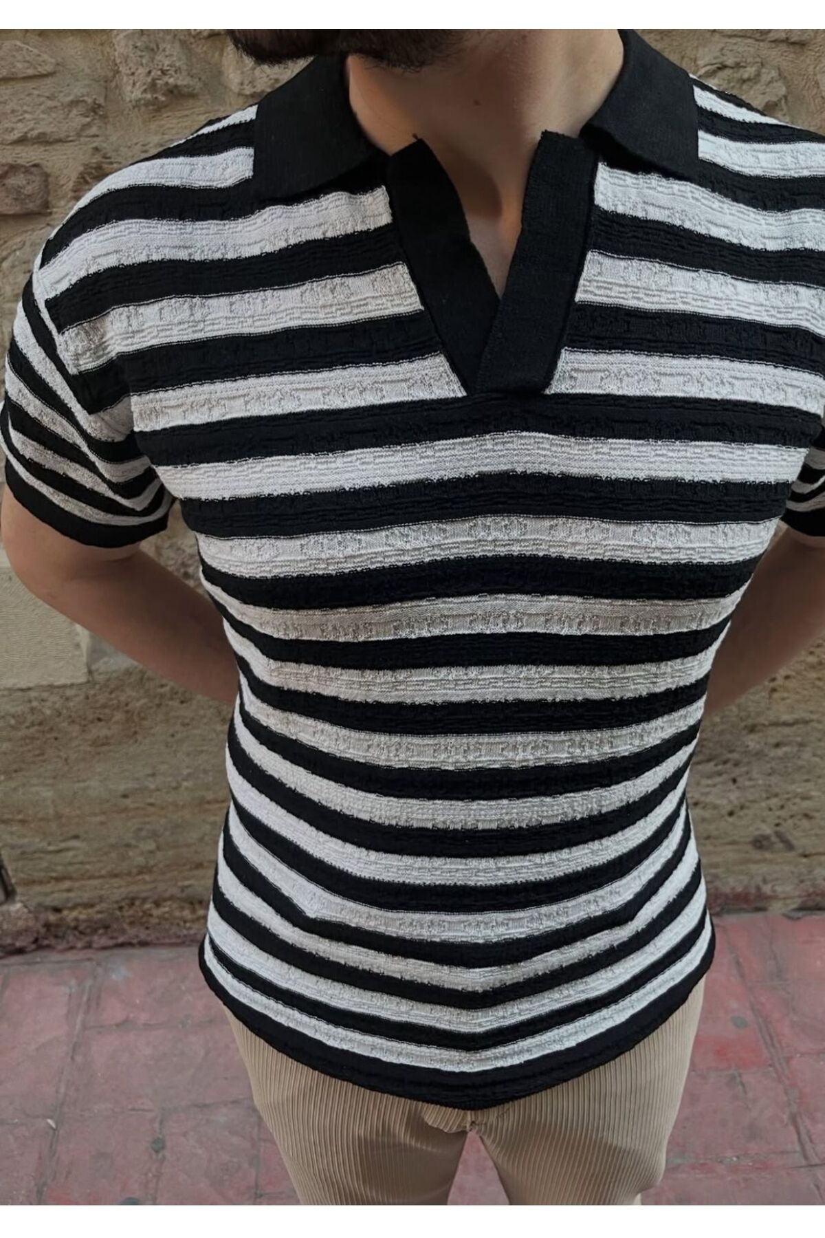 Figo Siyah Çizgili Polo Tshirt Erkek Regular Kalıp