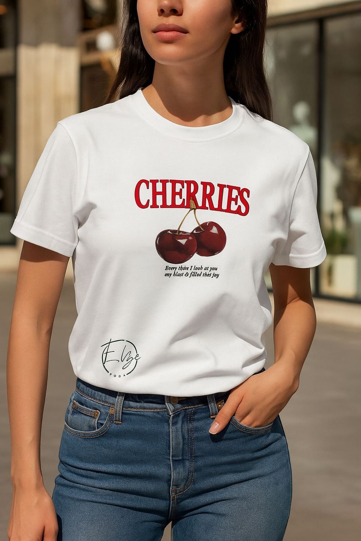 ELZE MODA Unisex Erkek/Kadın CHERRIES Özel Baskılı Oversize Pamuklu Bisiklet Yaka T-Shirt