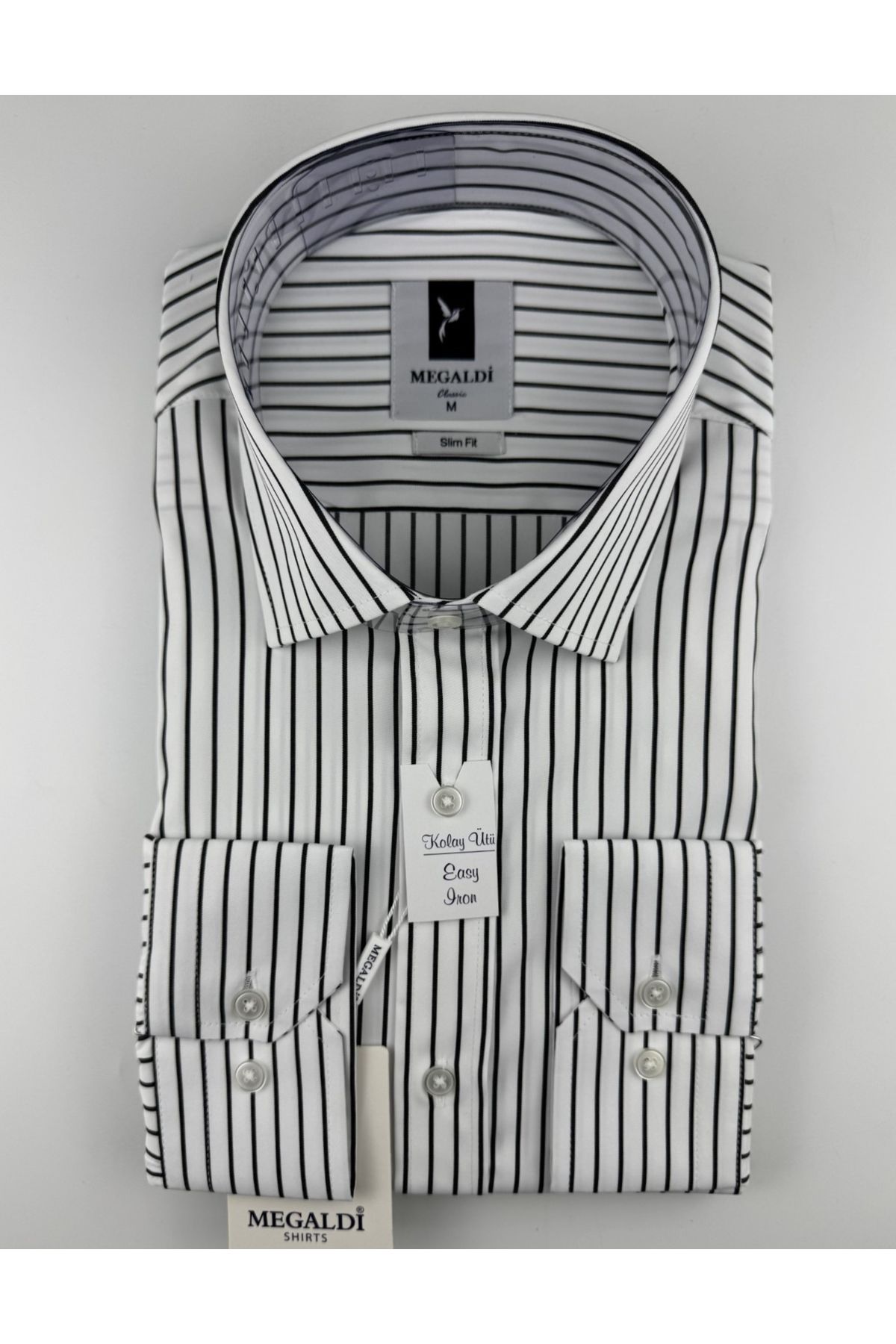 MEGALDİ Erkek Slim Fit Kesim Beyaz Lacivert Çizgili Easy Iron (Kolay Ütü) Uzun Kollu Gömlek
