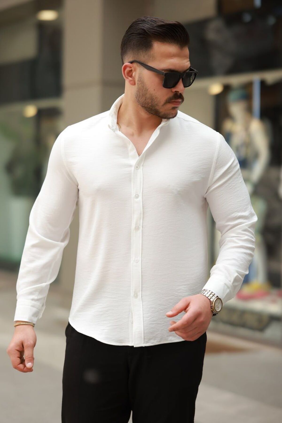 neonstore Erkek Keten Görünümlü Rahat Kalıp Gömlek