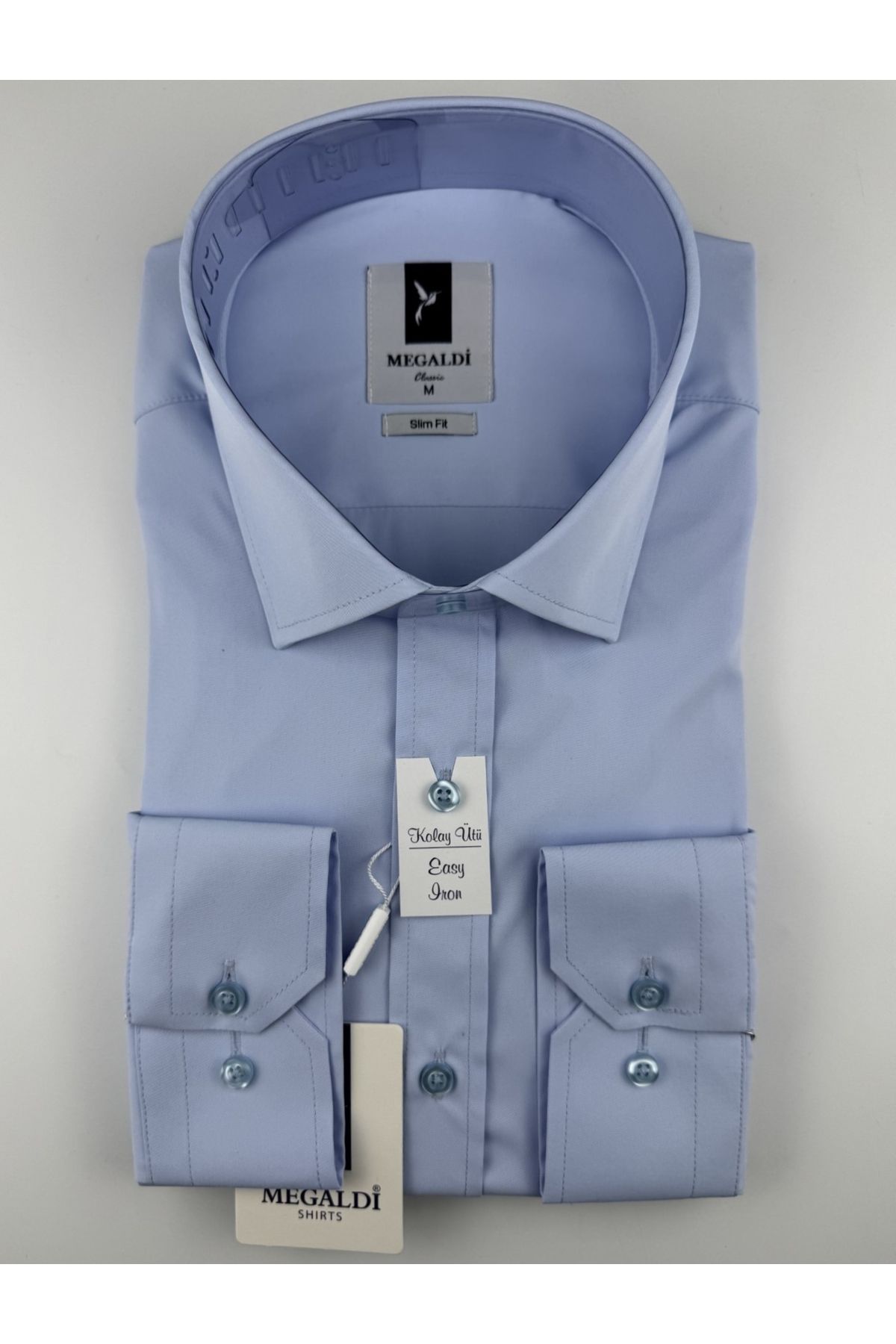 MEGALDİ Erkek Slim Fit Kesim Mavi Easy Iron (Kolay Ütü) Uzun Kollu Gömlek