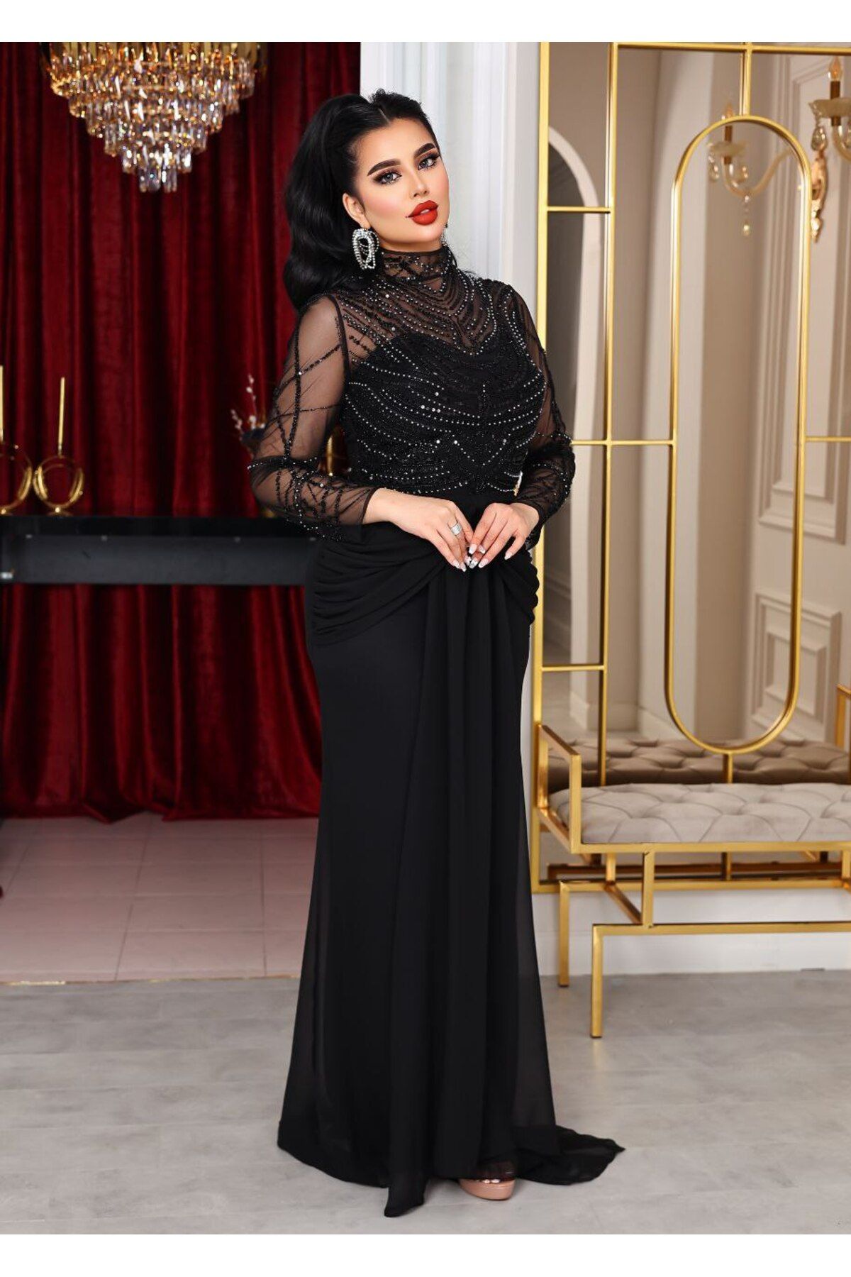 ZENABİYEM Zena Fashion Hakim Yaka İşlemeli Önden Kuşaklı Abiye