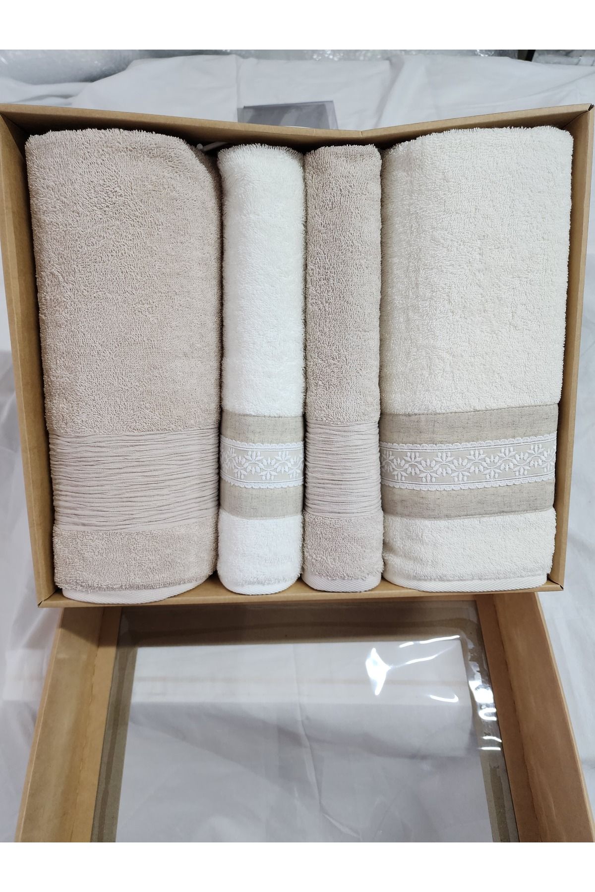 cacao home Nurpak 4'lü Banyo Havlu Seti Hamam Takımı Keten Güpürlü Keten Yeni Sezon