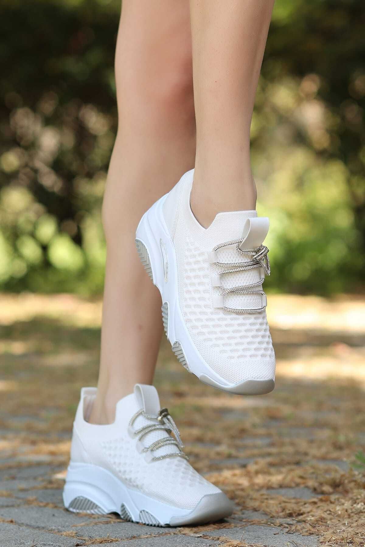 LEYDİ SHOES DİNAR TRİKO BEYAZ TAŞLI BAĞCIKLI SPOR