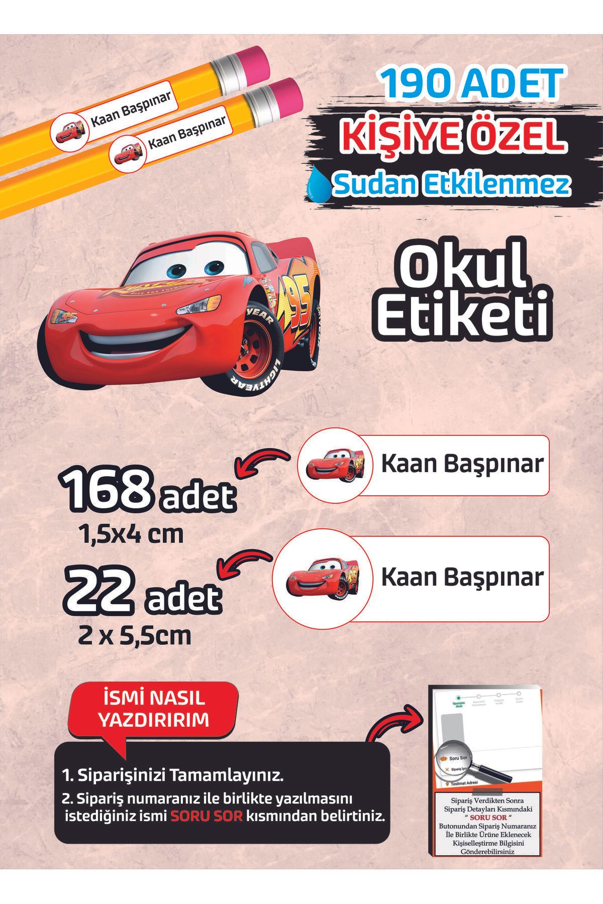 Kapbirhediye Okul Etiketi İsme Özel Kalem Defter Etiketi Araba Temalı 190 Adet