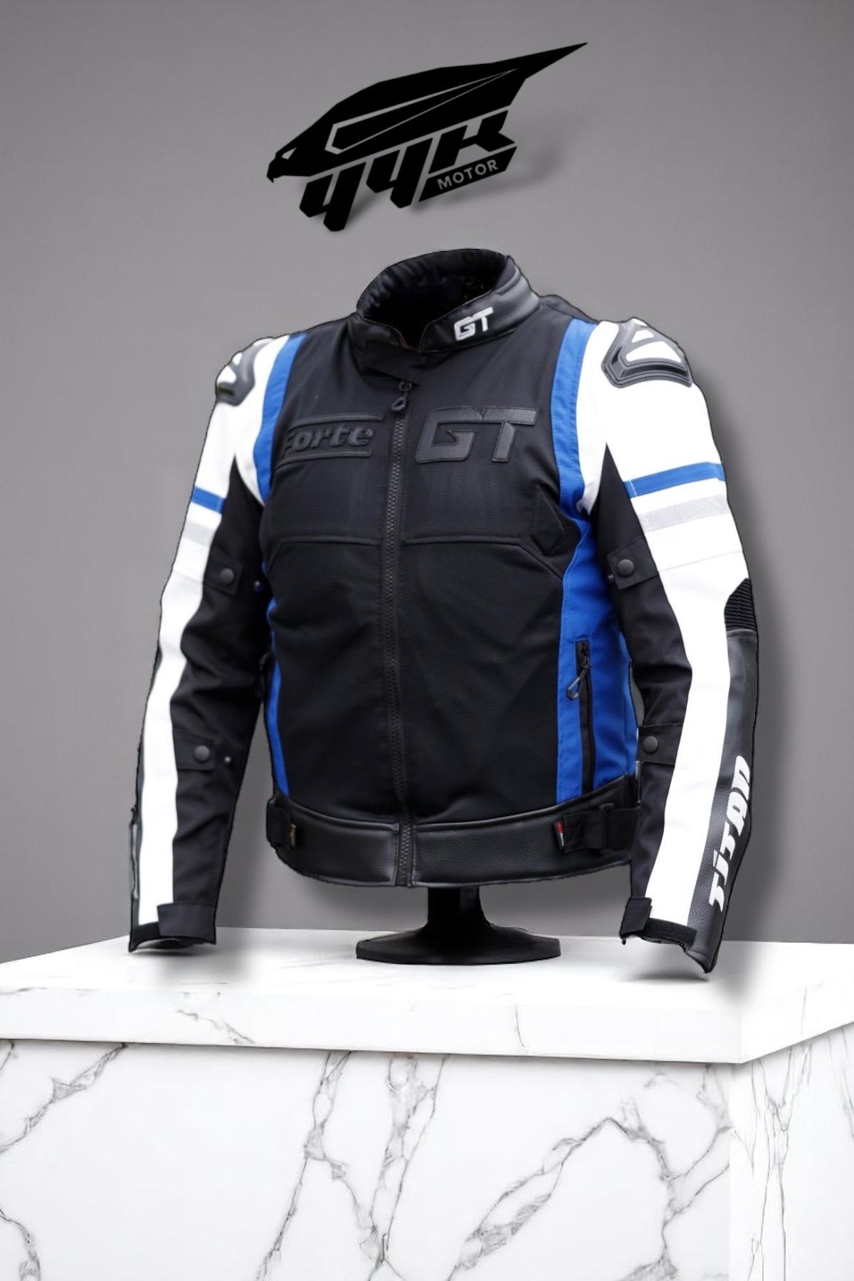 yyk FORTE GT TiTAN Mavi Lacivert, Hörgüçlü Koruma Deri Tekstil 4 Mevsim Motosiklet Ceket Mont