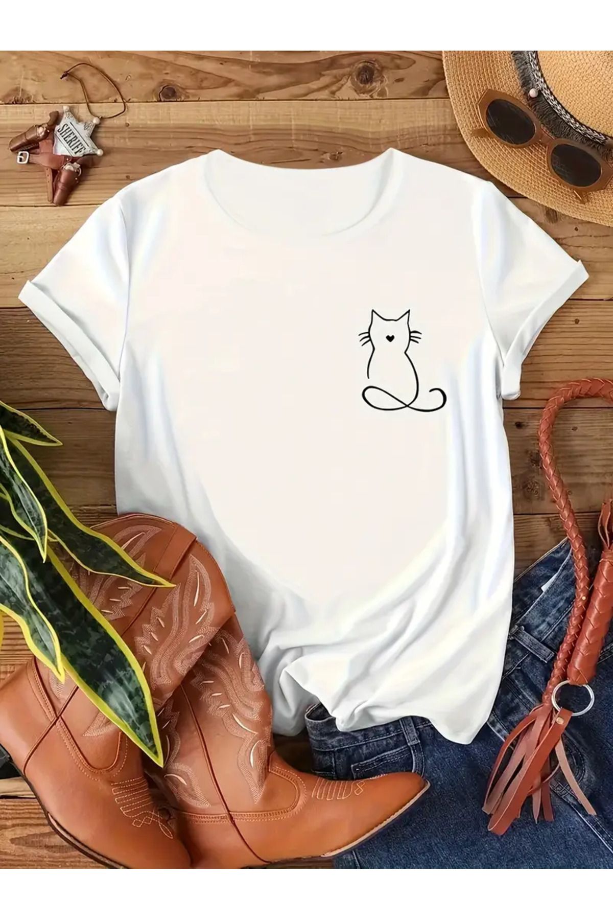 EXPECTED Unisex Oversize Kedi Baskılı Pamuklu Rahat Kesim Şık Günlük T-shirt