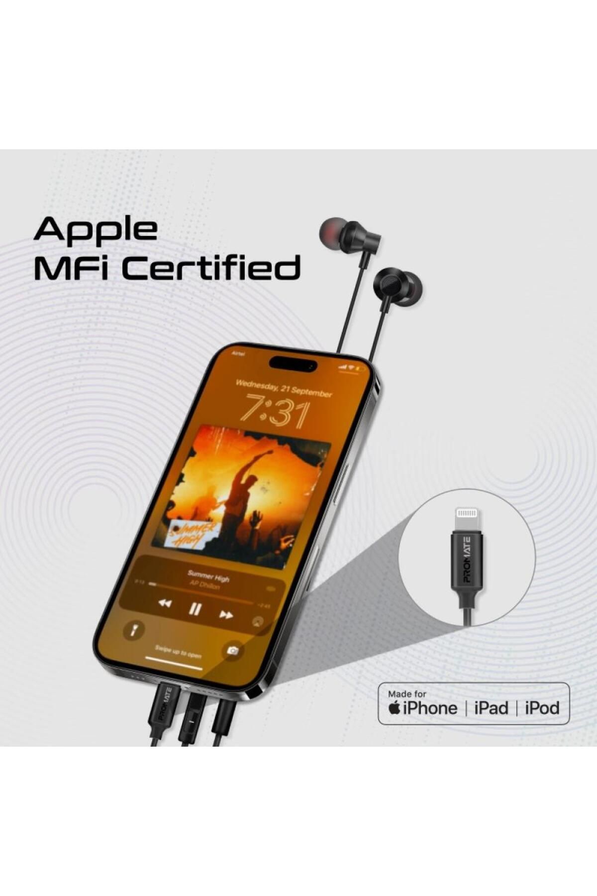 Promate-Apple-certified Lightning earbuds with built-in microphone and volume controls 2