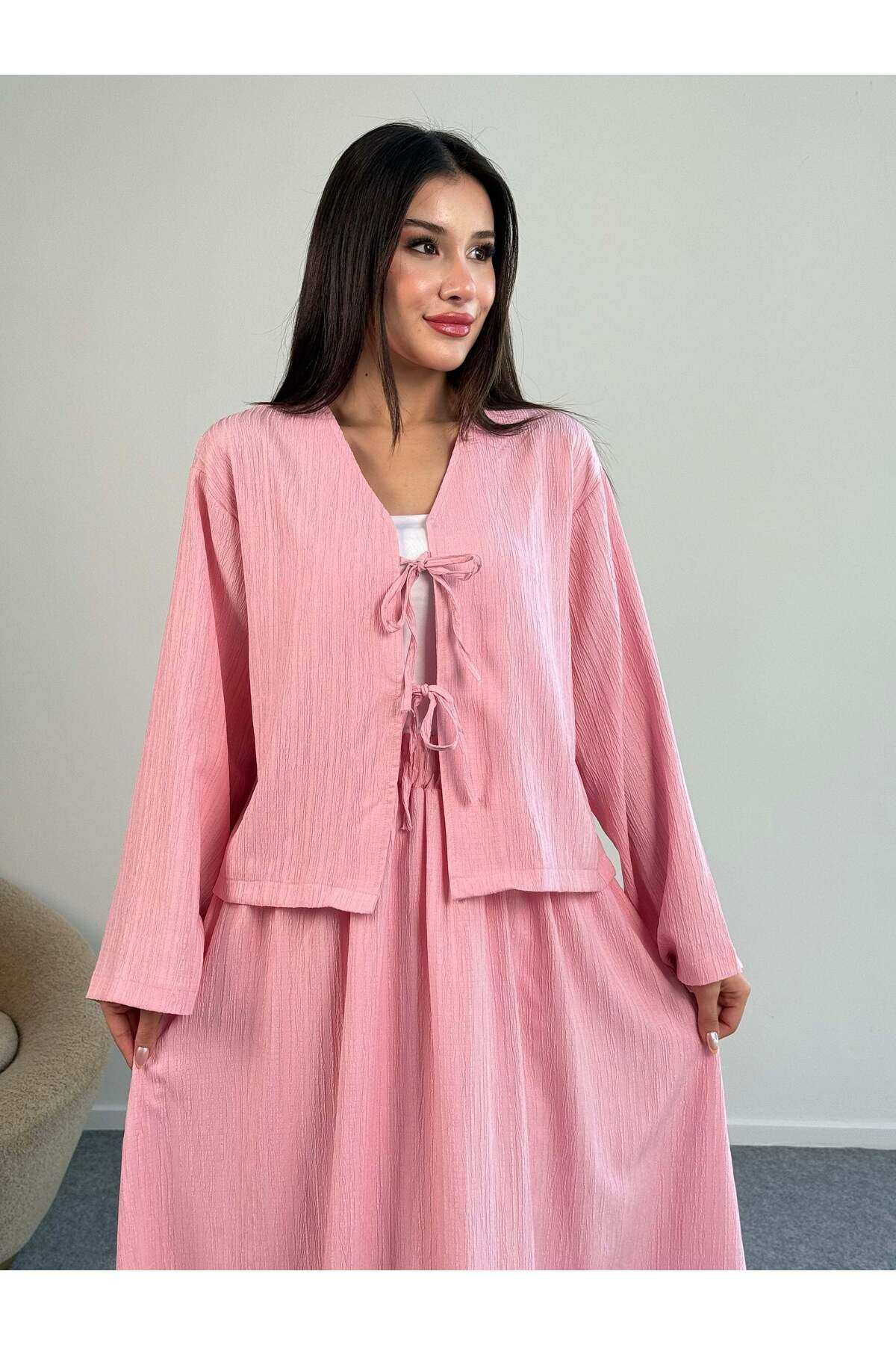 Hatun Atila Bağlama Detaylı Ceket ve Uzun Etek İkili Takım 8842 - Pembe