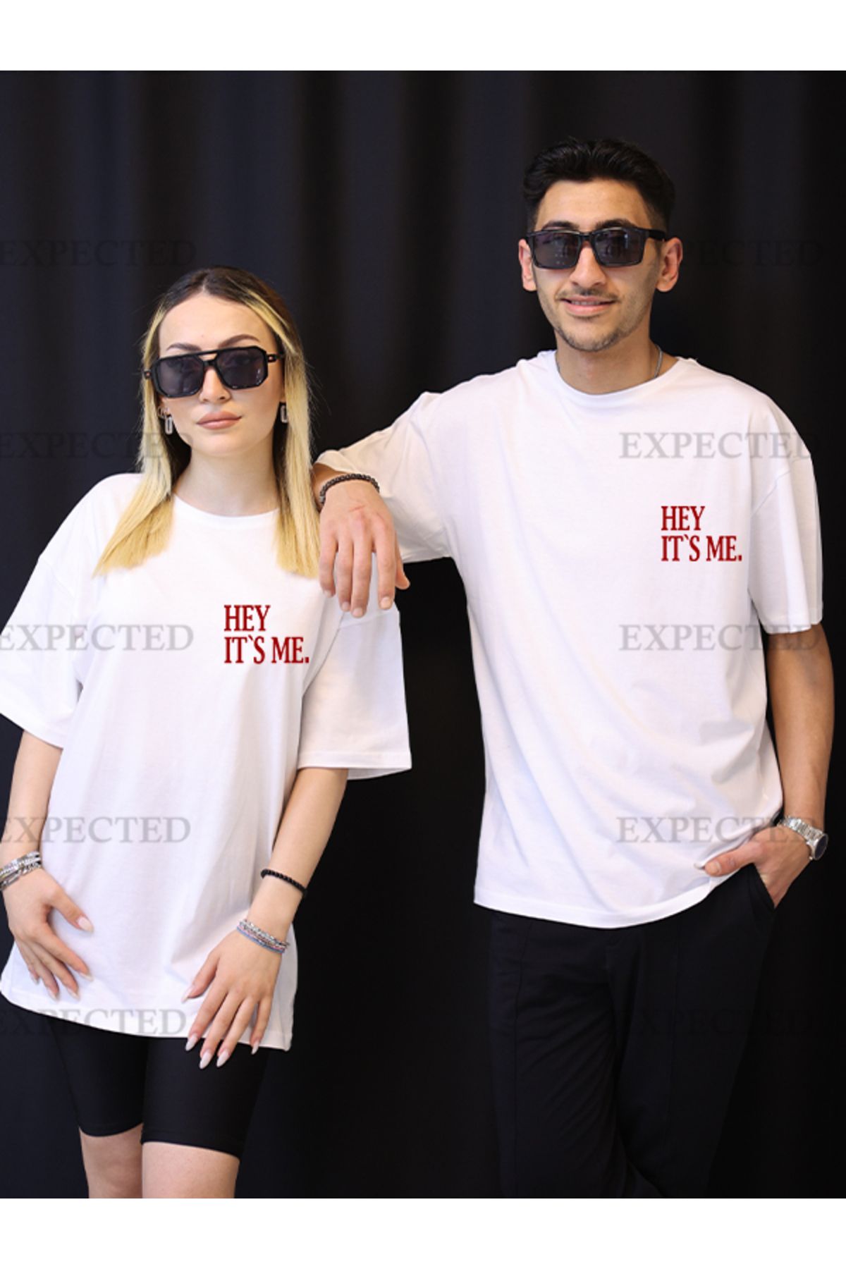 EXPECTED Sevgili Çift Arkadaş Kombini Hey It's Me Baskılı Oversize Unisex T-shirt - 2 adet