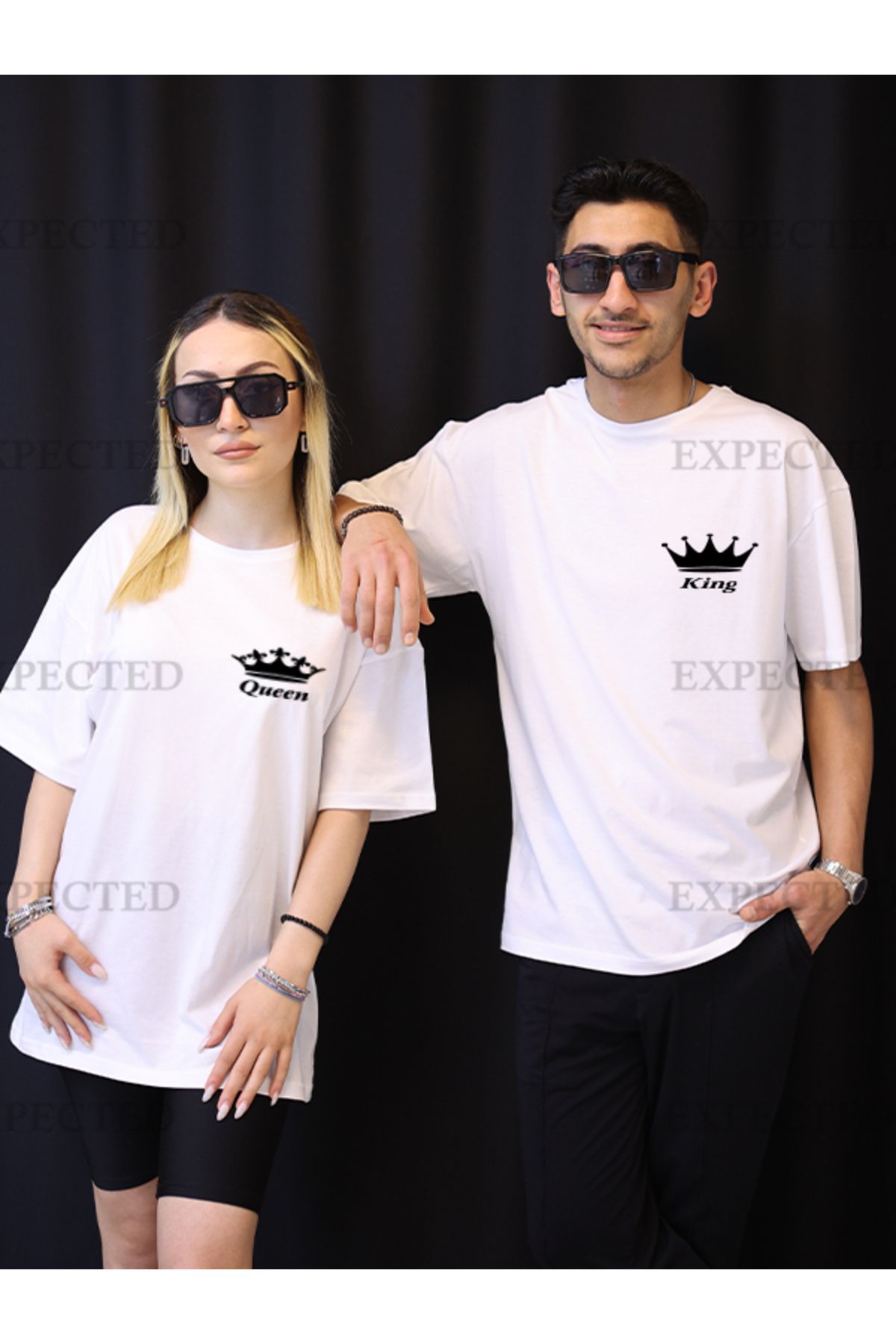 EXPECTED Sevgili Çift Arkadaş Kombini King Queen Baskılı Oversize Unisex T-shirt - 2 adet
