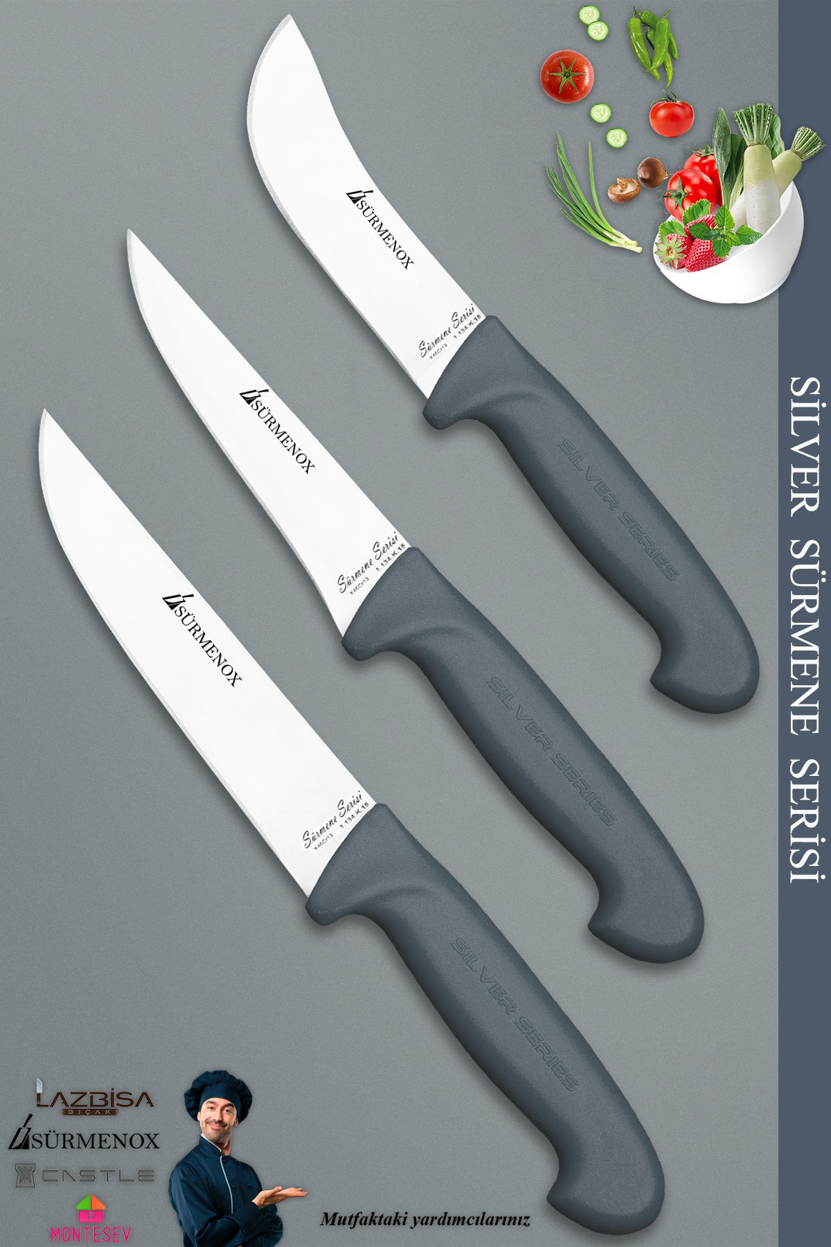 SÜRMENOX Sürmene Silver Serisi Gri Sap Mutfak Bıçak Kurban Seti Et Ekmek Sebze Bıçağı 3 Lü Set ( Srm-07)