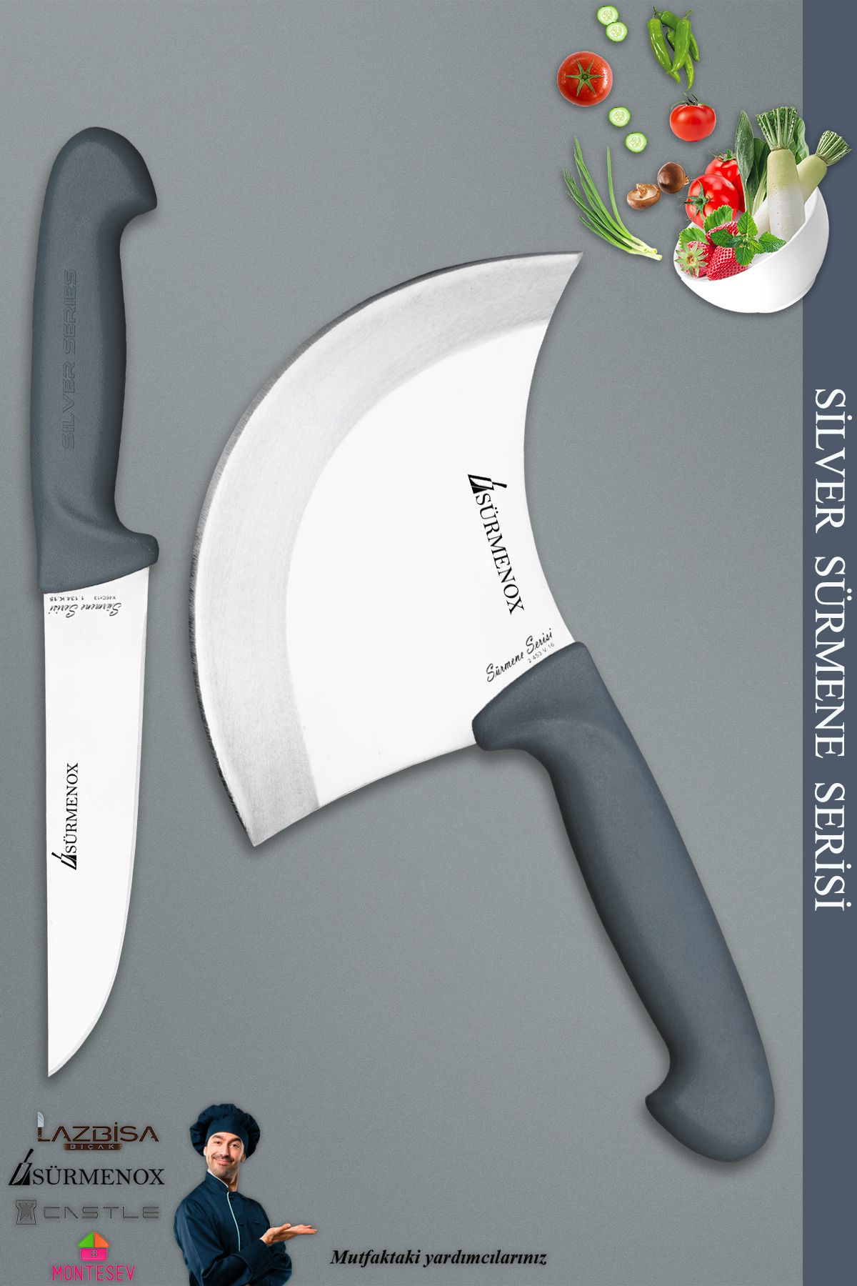 SÜRMENOX Sürmene Silver Serisi Gri Sap Mutfak Bıçak Hilal Börek Bıçağı Pizza Pide Bıçağı 2 Li Set ( Srm-05 )