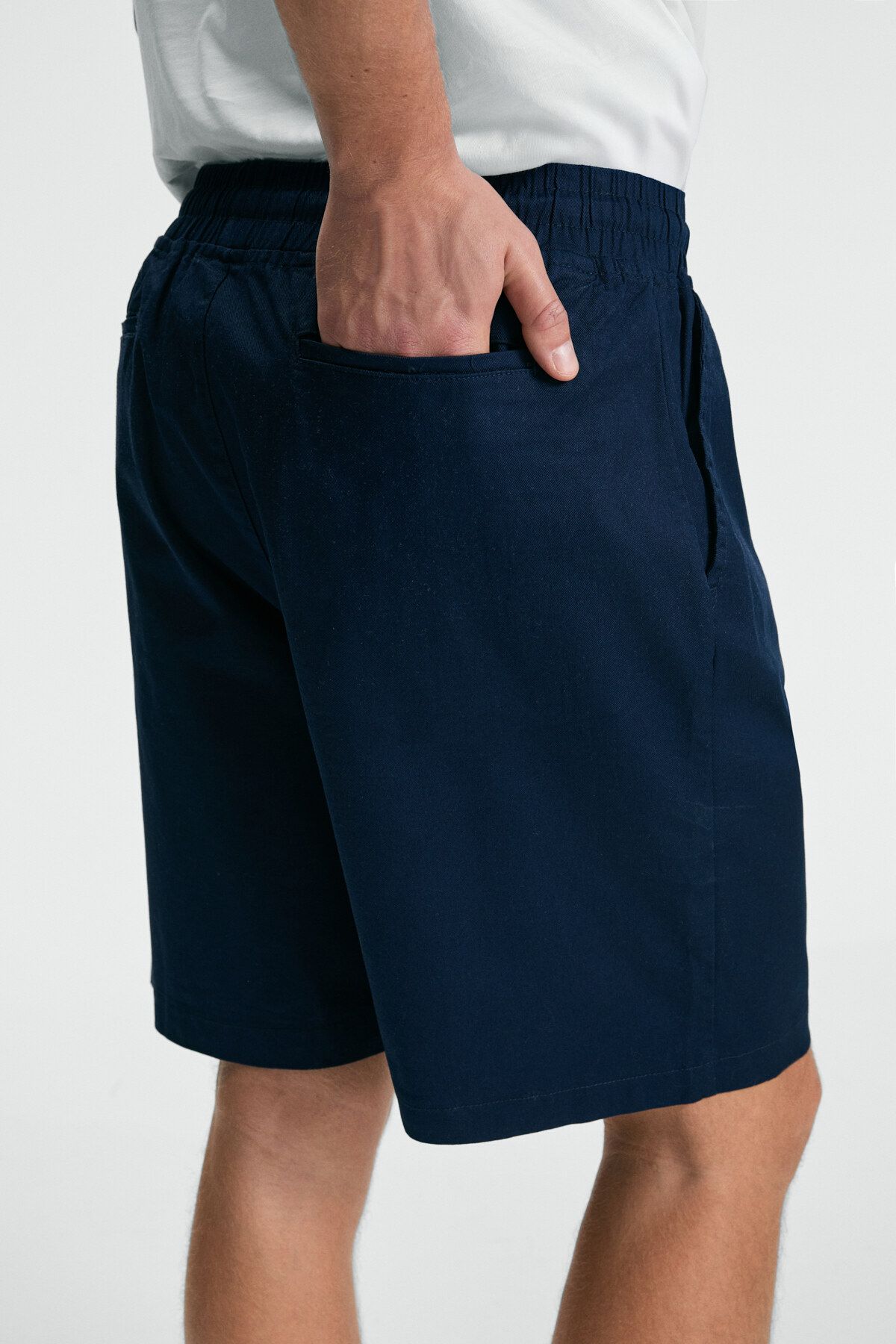 GRIMELANGE-Lasper Men's Lycra Side Pockets Relaxed Fit Navy Blue Shorts with Elastic Waist 4