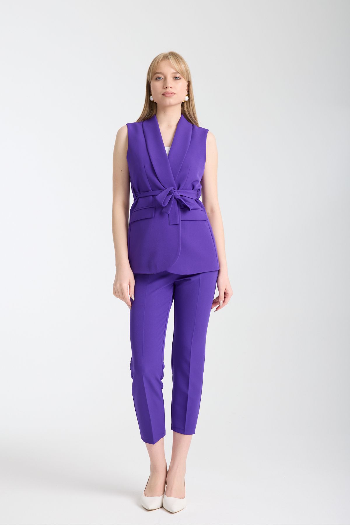 Swass Violet Kuşaklı Yelek Ve Yüksek Bel Mor Pantolon Takım
