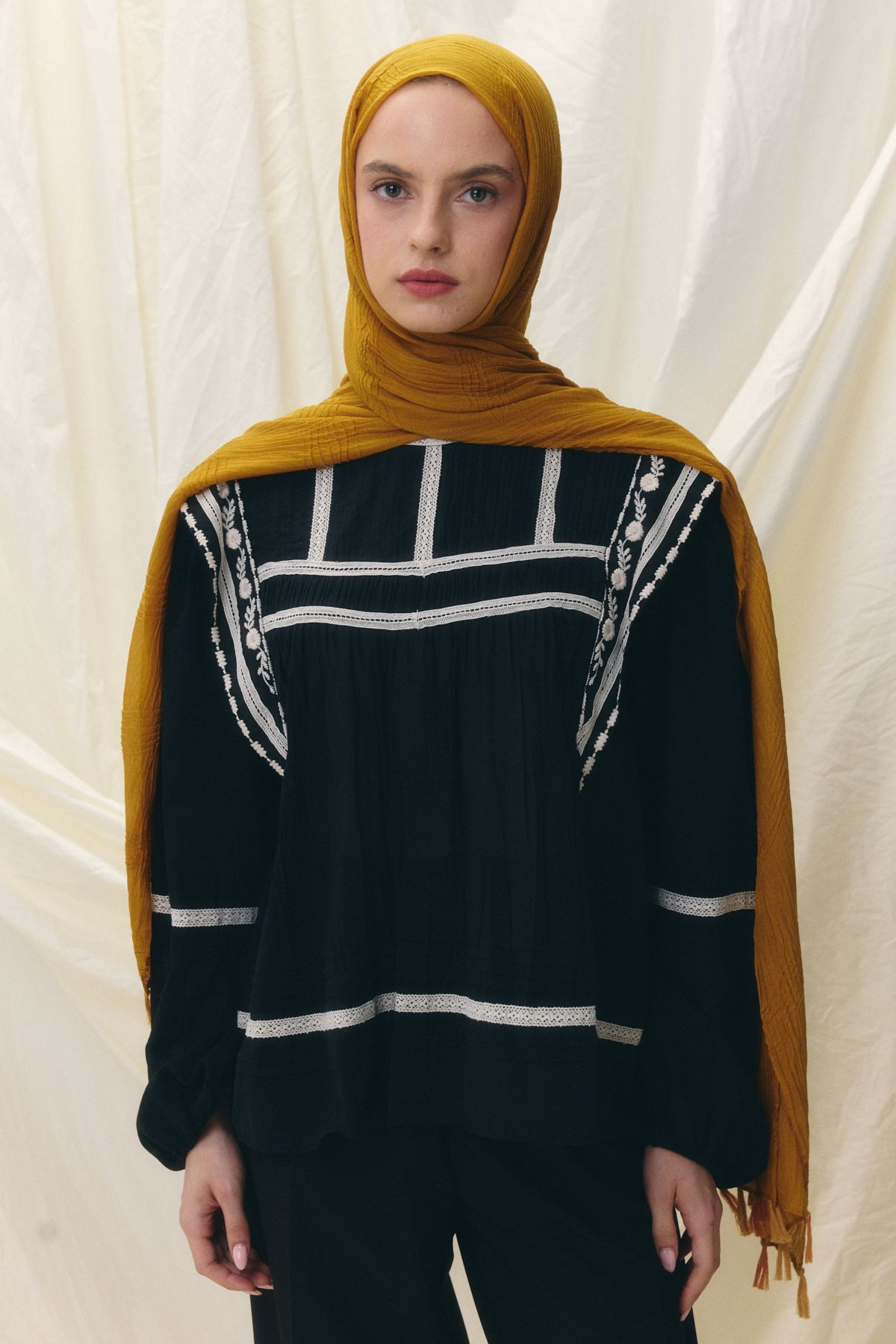 FENZA SCARF LİLYUM HARDAL SAÇAK PÜSKÜLLÜ PAMUKLU ŞAL