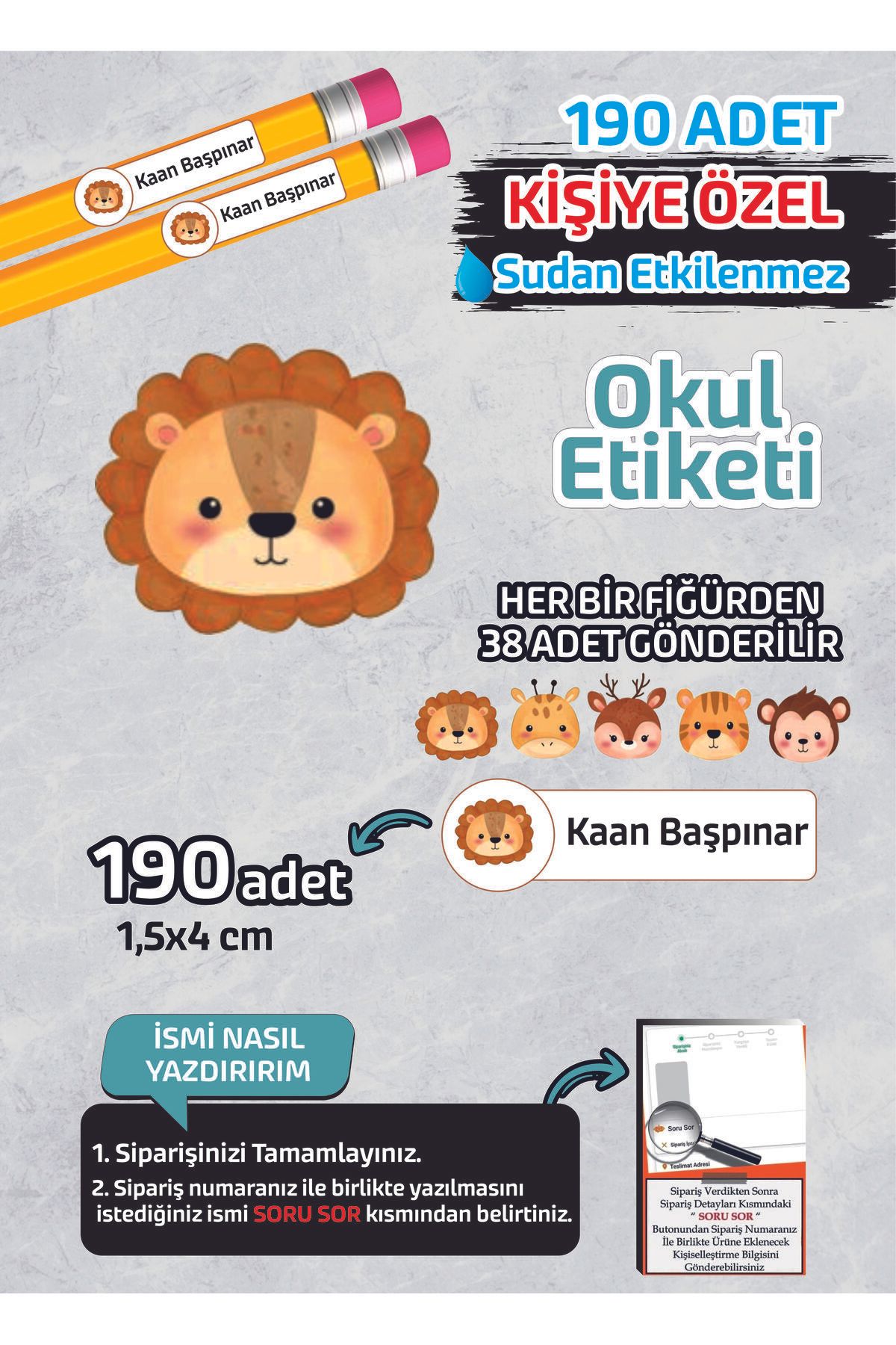 Kapbirhediye Okul Etiketi İsme Özel Kalem Defter Etiketi (ANİMAL -2) -190 Adet