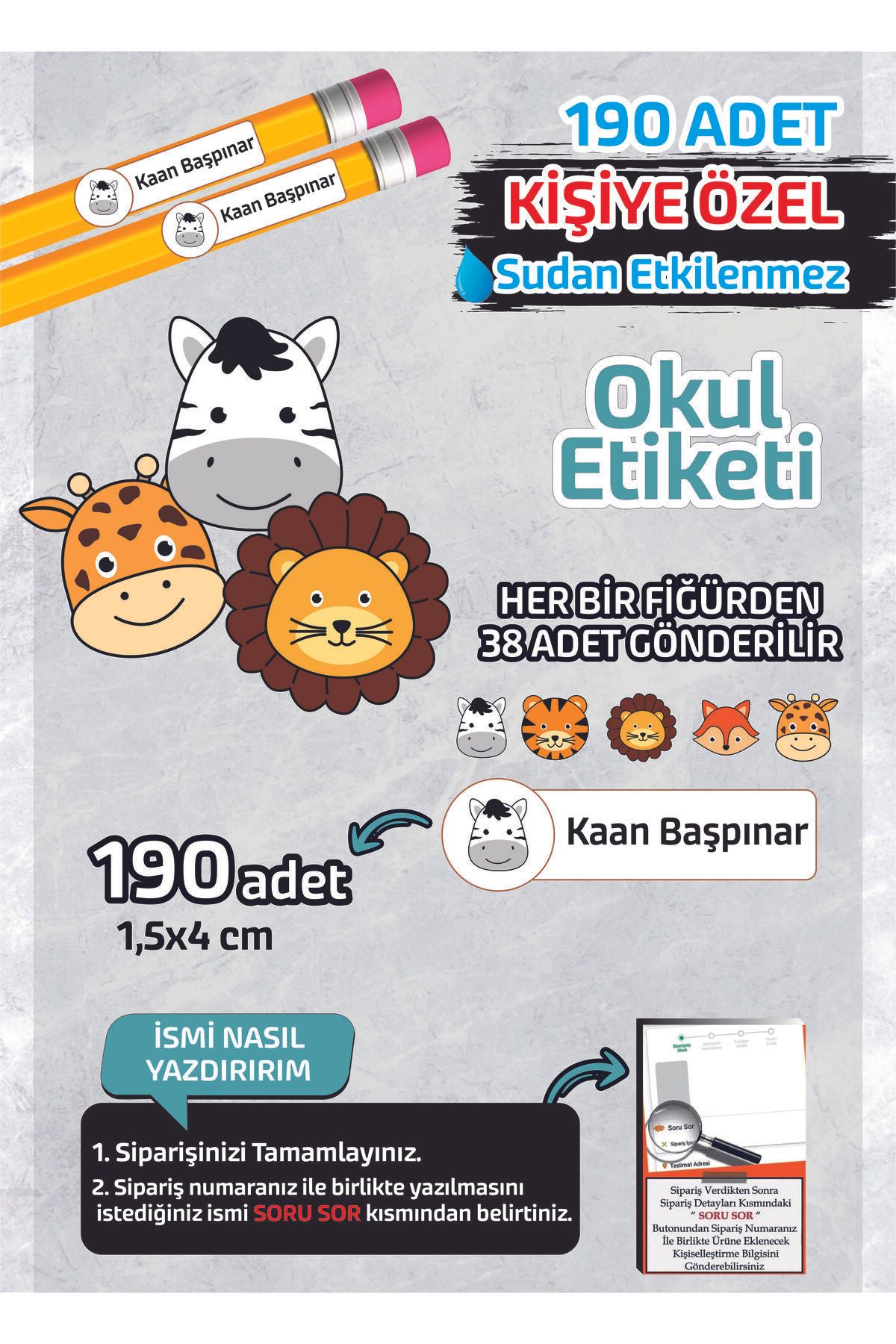 Kapbirhediye Okul Etiketi İsme Özel Kalem Defter Etiketi (ANİMAL -1) -190 Adet