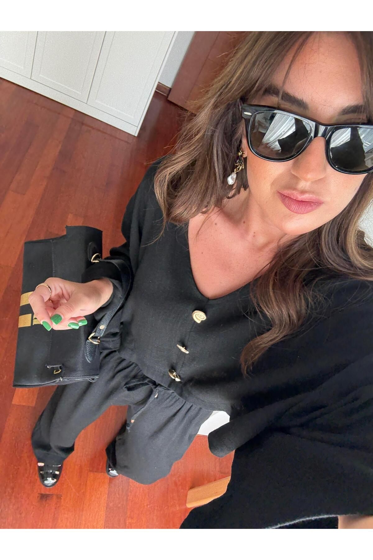 begum mayda Gold Tasarım Düğmeli , Premium , Siyah Lyocell Takım