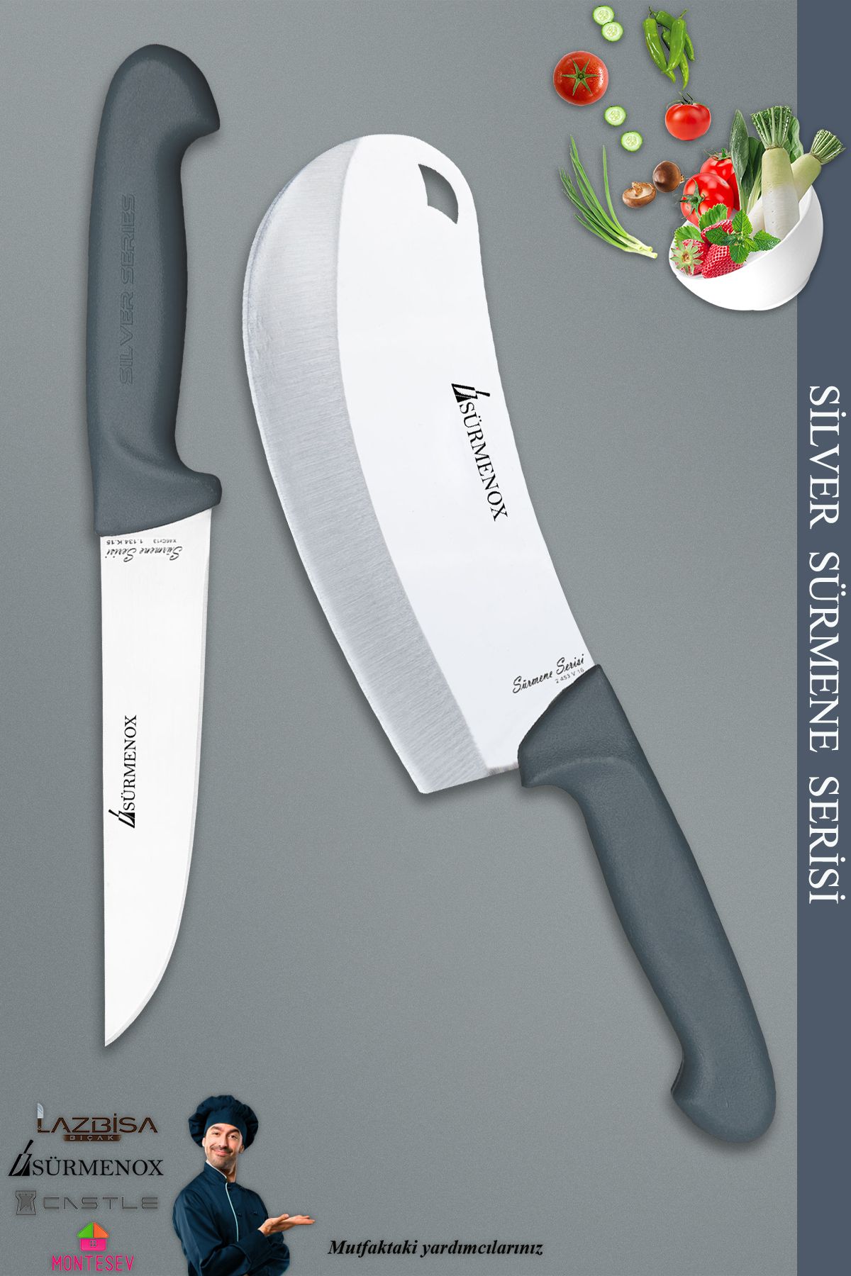 SÜRMENOX Sürmene Silver Serisi Gri Sap Mutfak Bıçak Bıçağı Pizza Salata Börek Bıçağı 2 Li Set ( Srm-06 )