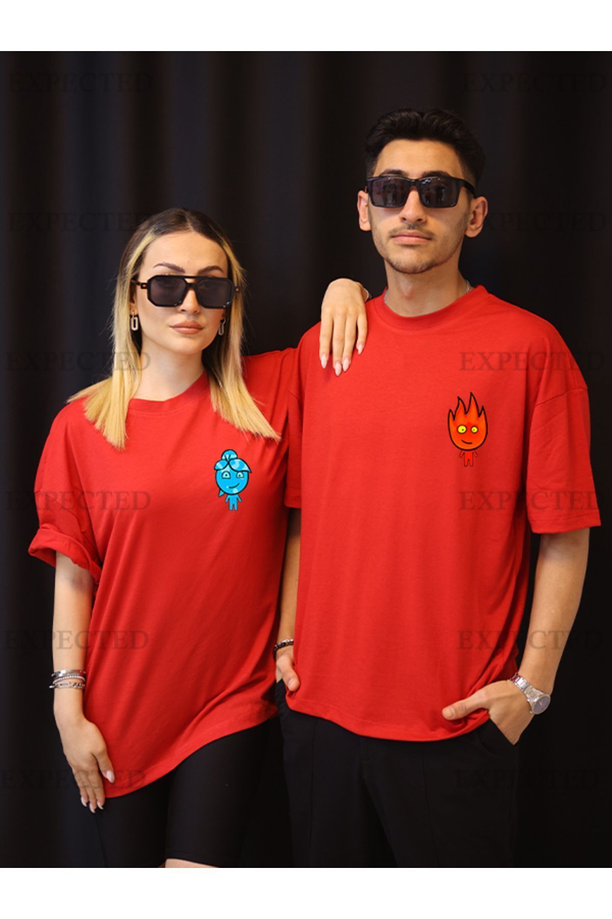 EXPECTED Sevgili Çift Arkadaş Kombini Ateş Ve Su Baskılı Oversize Unisex T-shirt - 2 adet
