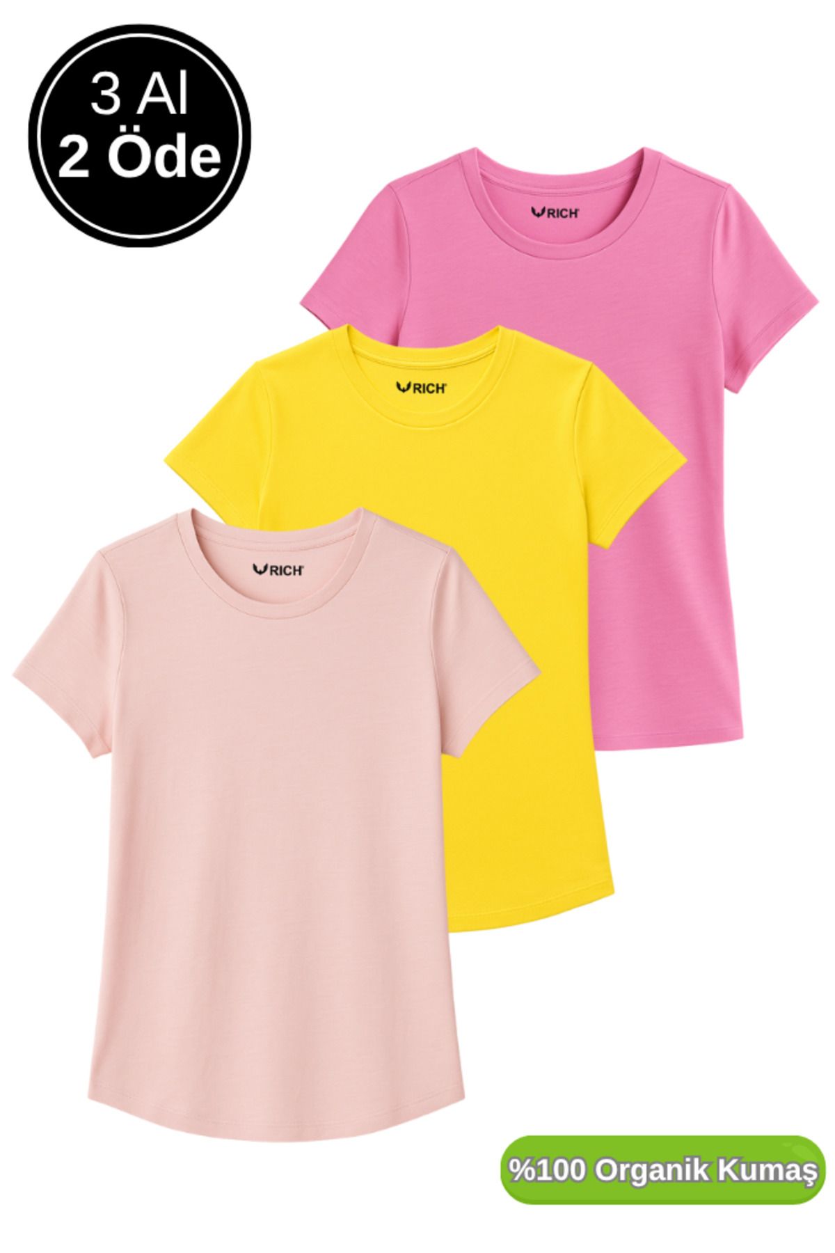 Rich Kadın 3'lü Paket Pudra-Pembe-Sarı %100 Organik Pamuk Normal Kesim Tişört Bisiklet Yaka T-Shirt