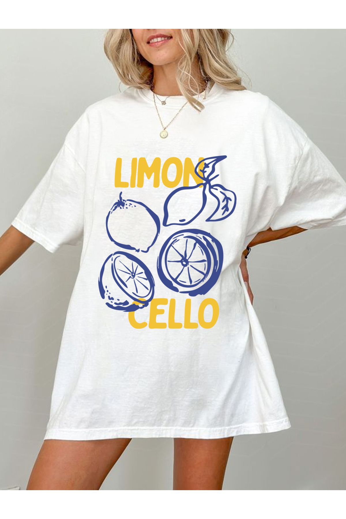 Plaza Butik Kadın Limon Cello Baskılı Unisex Oversize T-shirt