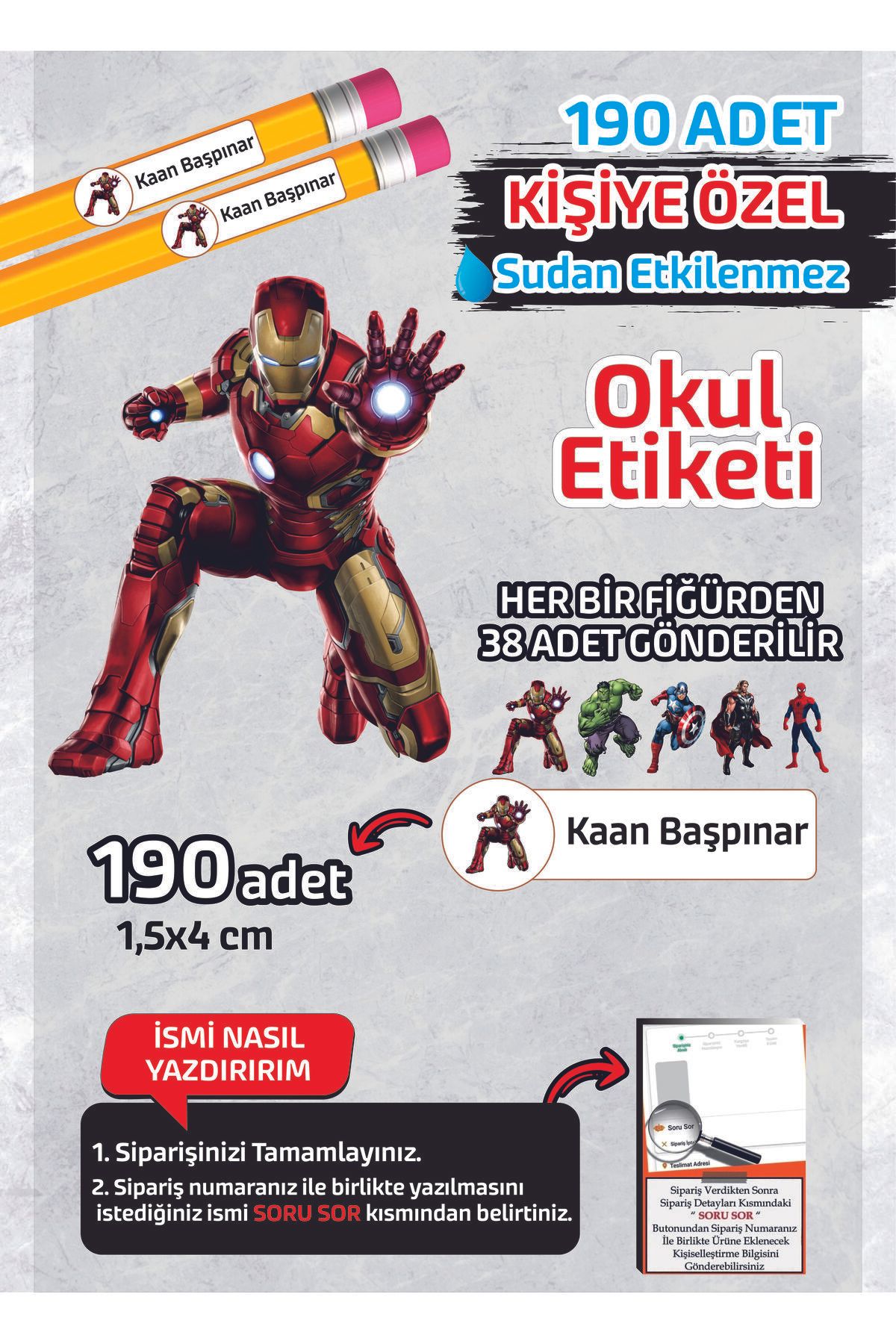 Kapbirhediye Okul Etiketi İsme Özel Kalem Defter Etiketi AVENGERS-190 Adet