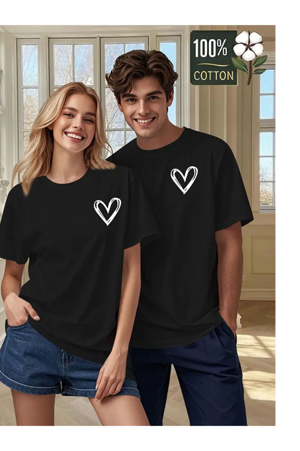 EXPECTED Unisex Sevgili Çift Arkadaş Kombini Tek Aşk Kalp Baskılı Oversize Şık Pamuklu T-shirt 2 adet