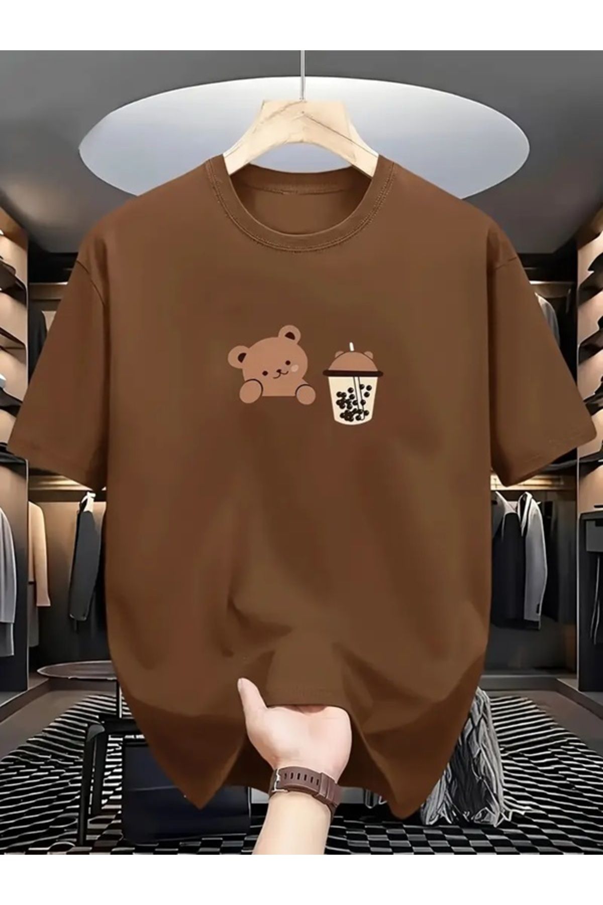 EXPECTED Unisex Kahve ve Ayıcık Baskılı Oversize Pamuklu Yazlık Nefes Alan Günlük Şık T-shirt