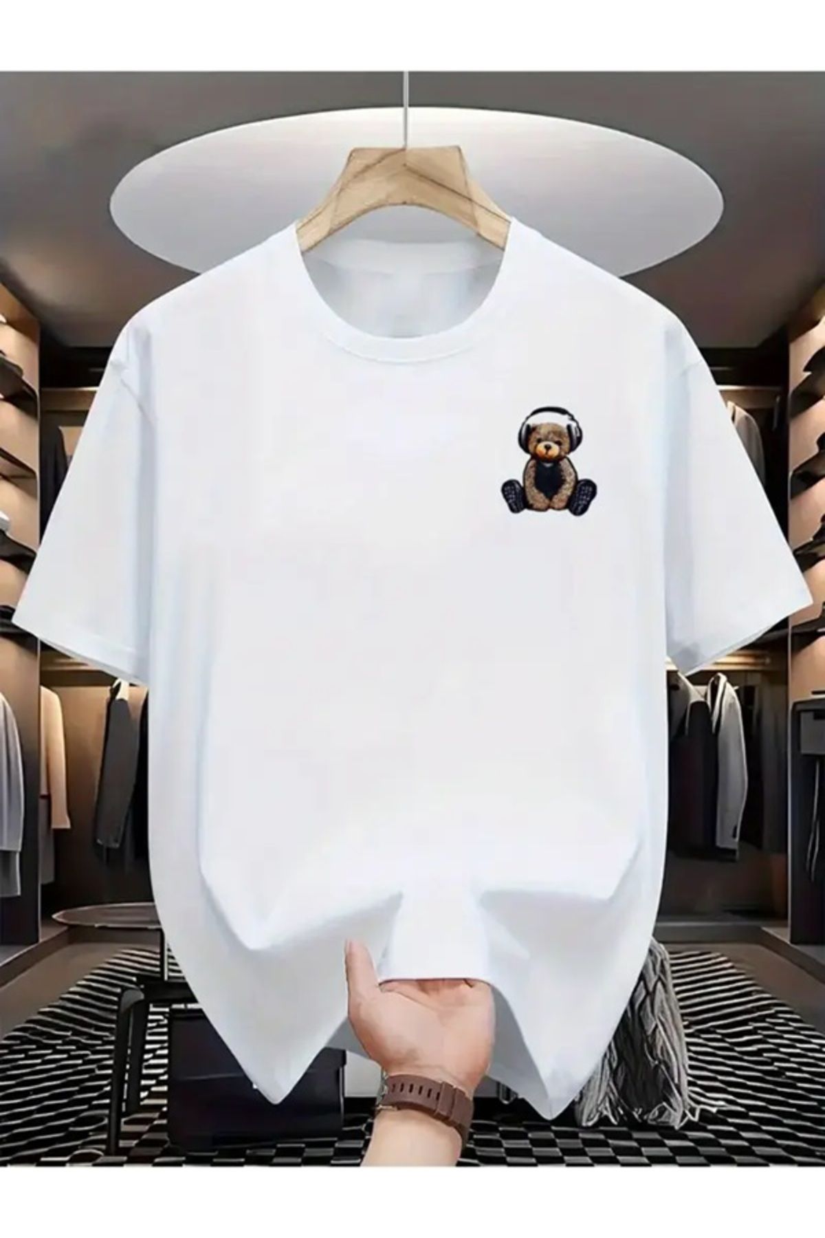 EXPECTED Unisex Ayı Figür Baskılı Oversize Geniş Kesim Casual Şık Günlük Spor Pamuklu T-shirt