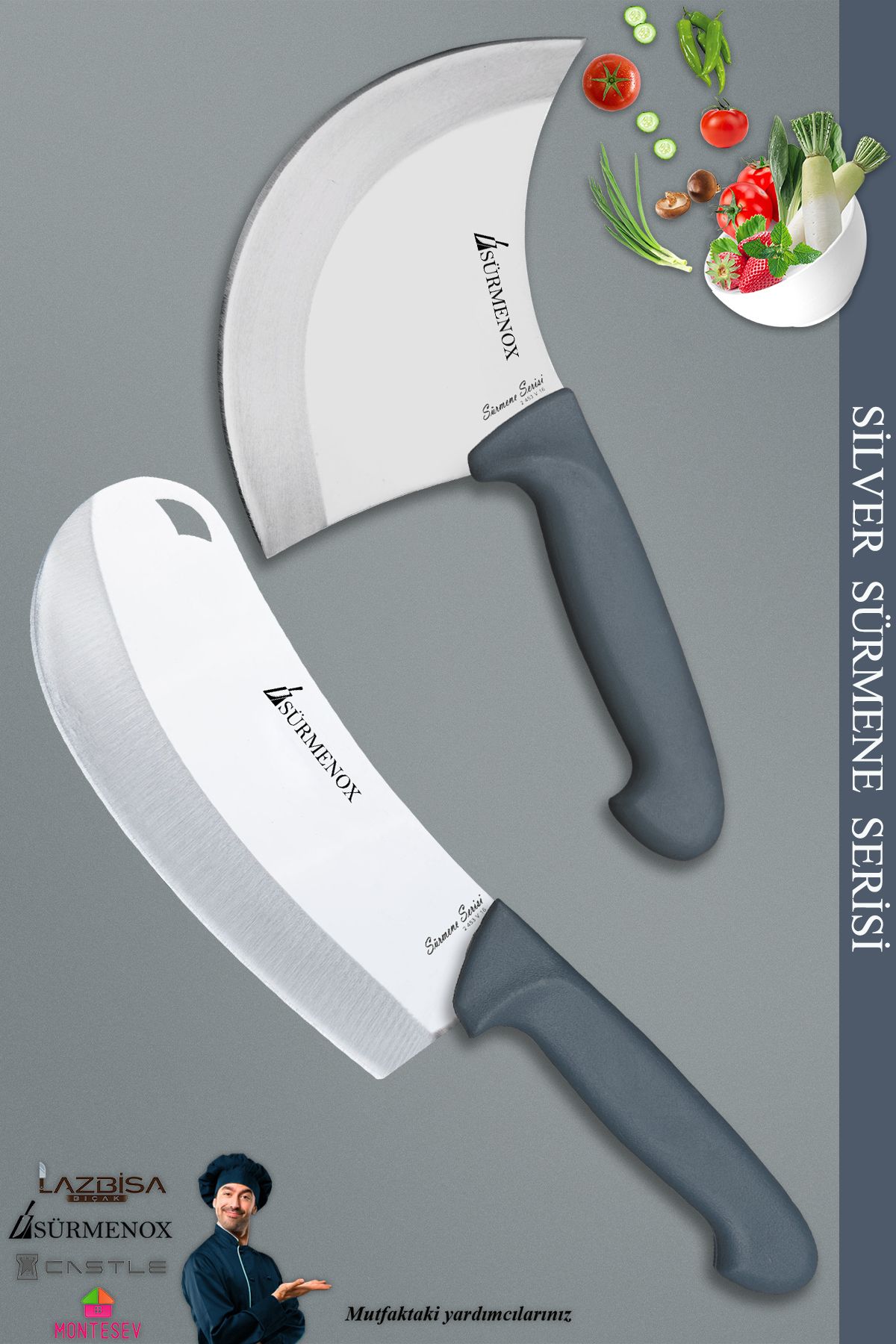 SÜRMENOX Sürmene Silver Serisi Gri Sap Mutfak Bıçak Börek Bıçağı Pizza Pide Bıçağı 2 Li Set ( Srm-03 )