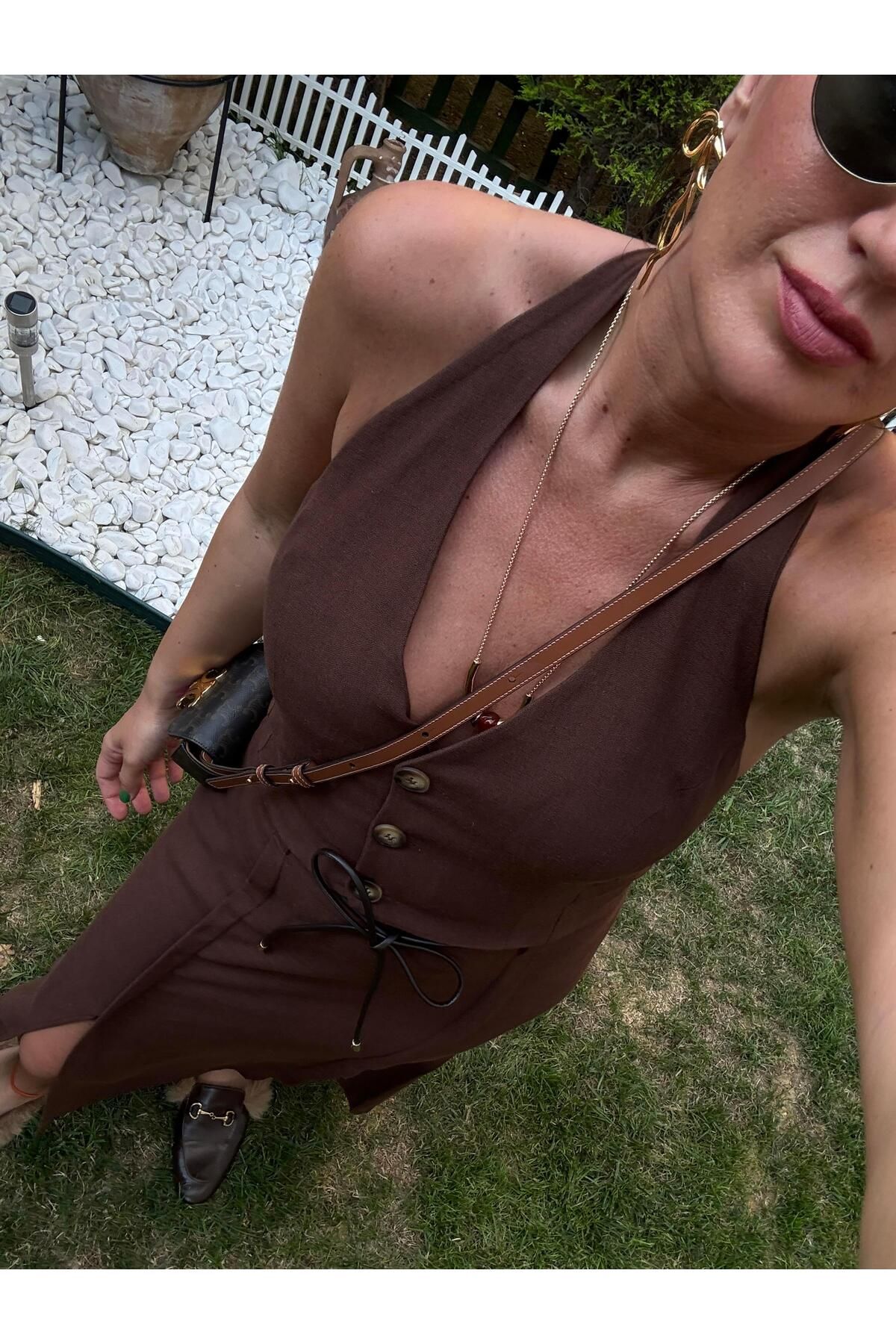 begum mayda Acı Kahve Orijinal Model , Deri Kemerli , Premium , Yelek & Etek Takım