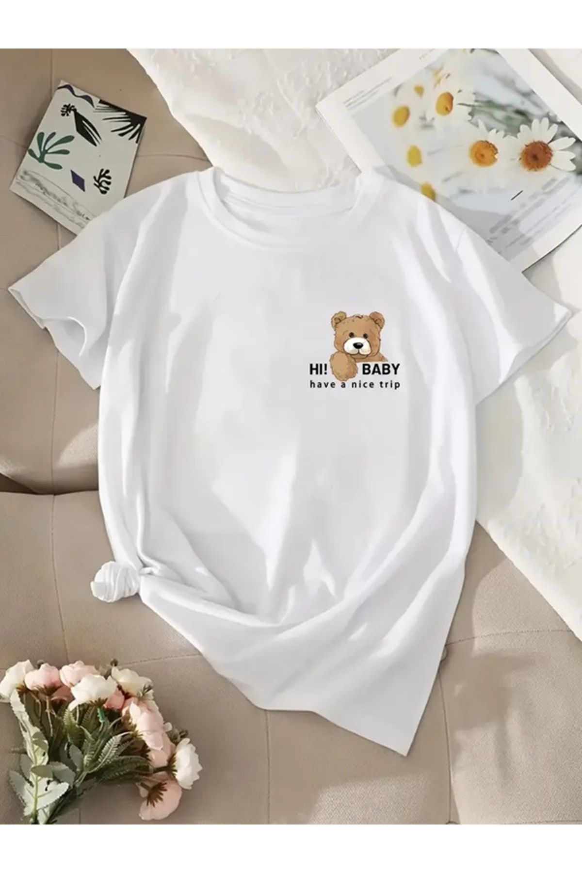 EXPECTED Unisex Beyaz Sevimli Ayı Baskılı Oversize Pamuklu Nefes Alan Günlük Şık T-shirt