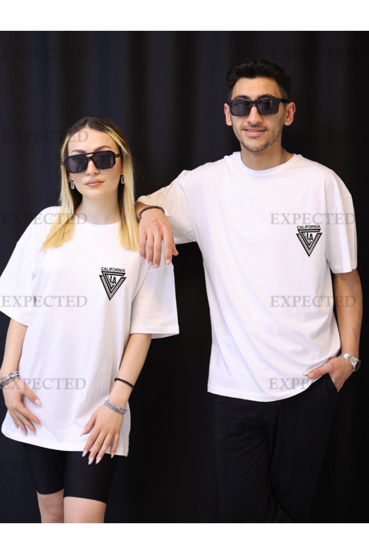 EXPECTED Sevgili Çift Arkadaş Kombini Calıfornıa LA Baskılı Oversize Unisex T-shirt - 2 adet