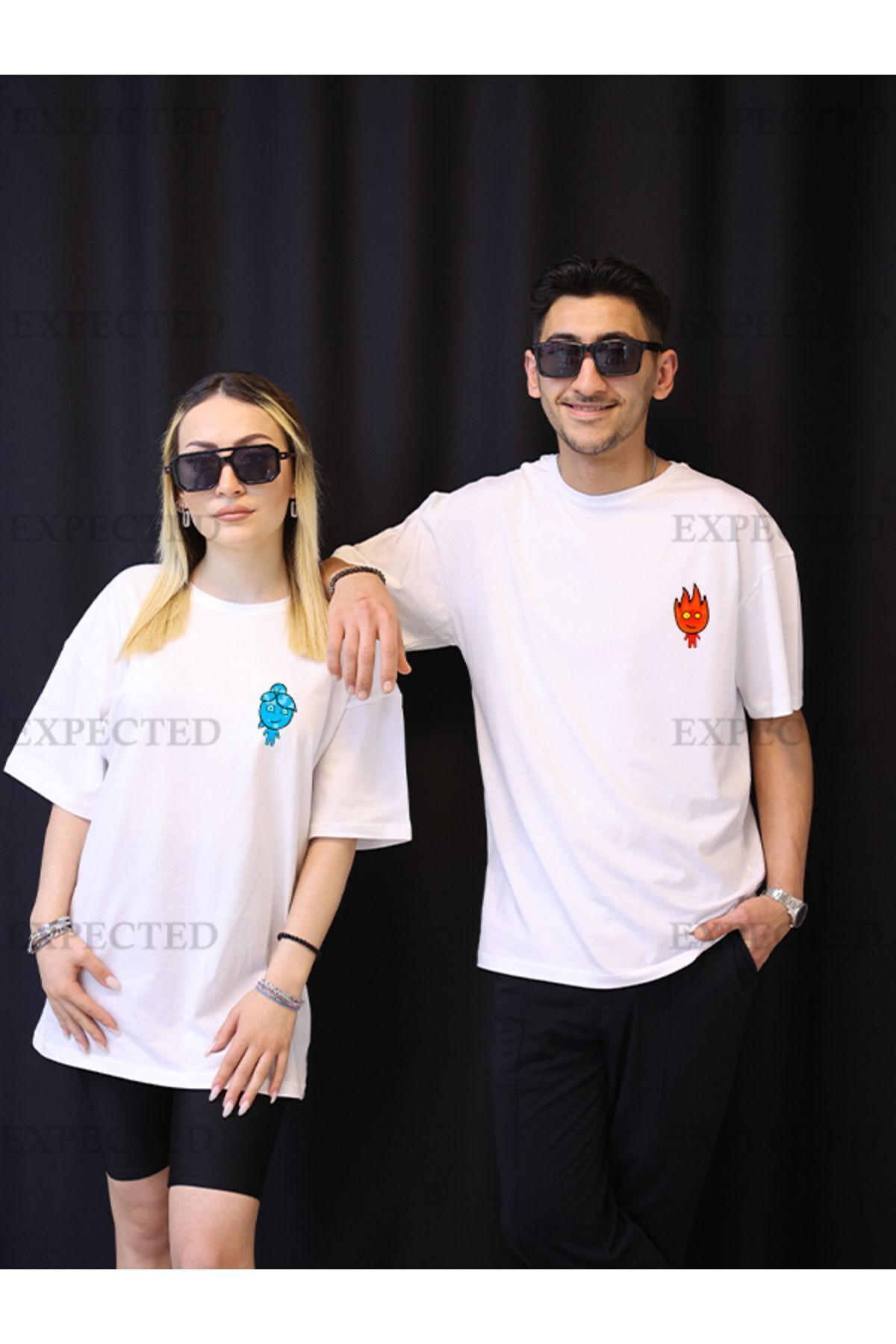 EXPECTED Sevgili Çift Arkadaş Kombini Ateş Ve Su Baskılı Oversize Unisex T-shirt - 2 adet