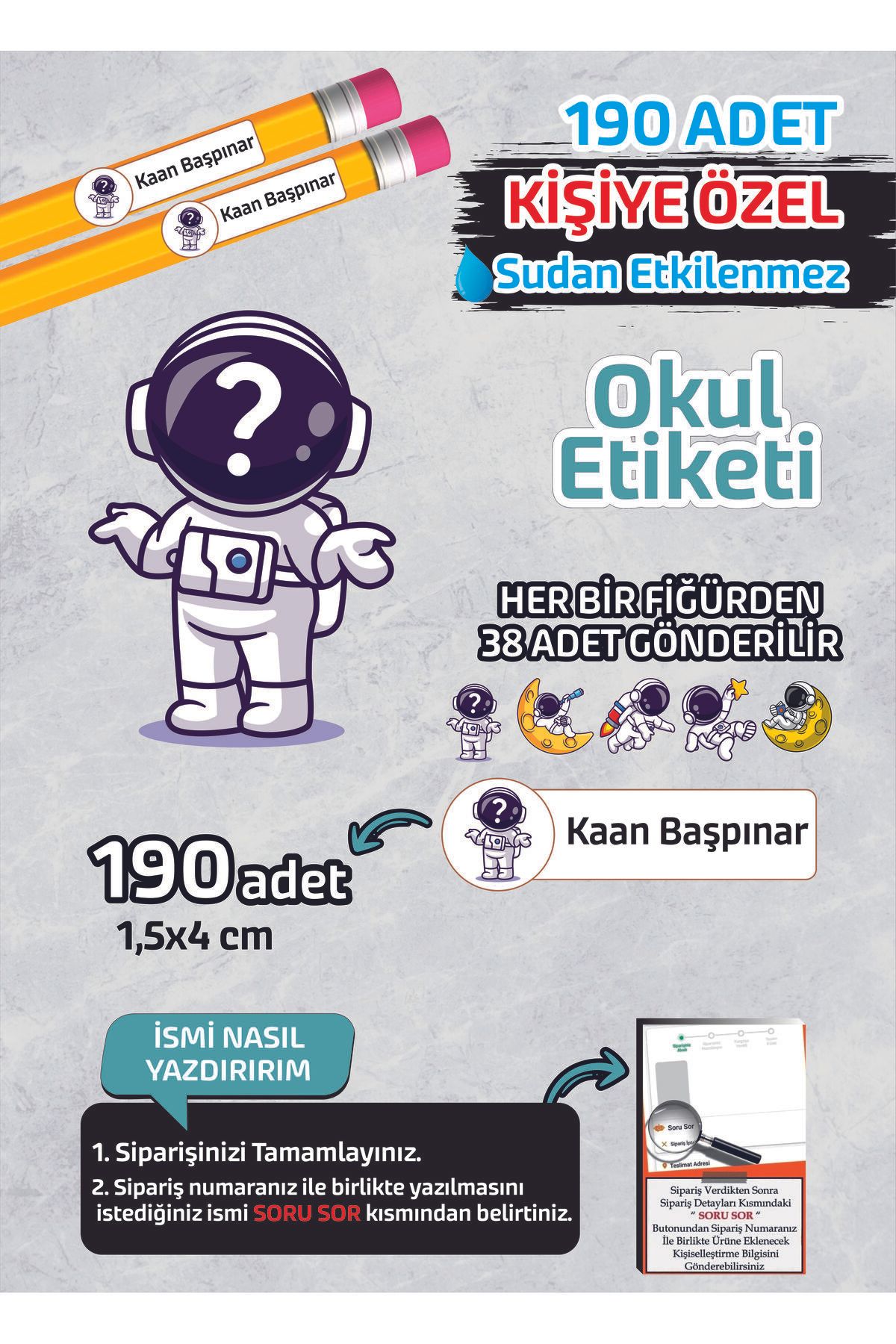 Kapbirhediye Okul Etiketi İsme Özel Kalem Defter Etiketi (ASTRONOT-1) -190 Adet