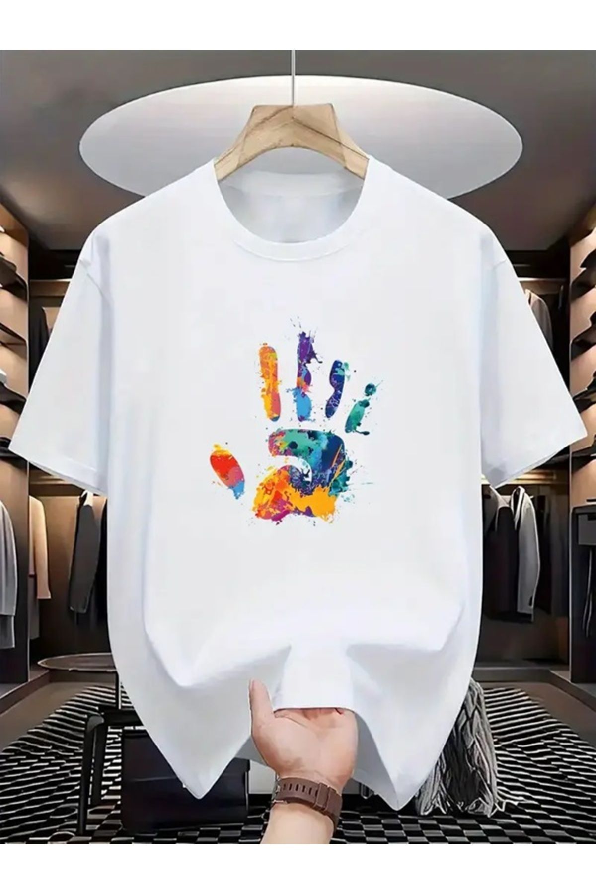 EXPECTED Unisex Oversize Nefes Alabilir Renkli El Baskısı, Geniş Kesim, Pamuklu, Günlük Yazlık Şık T-shirt