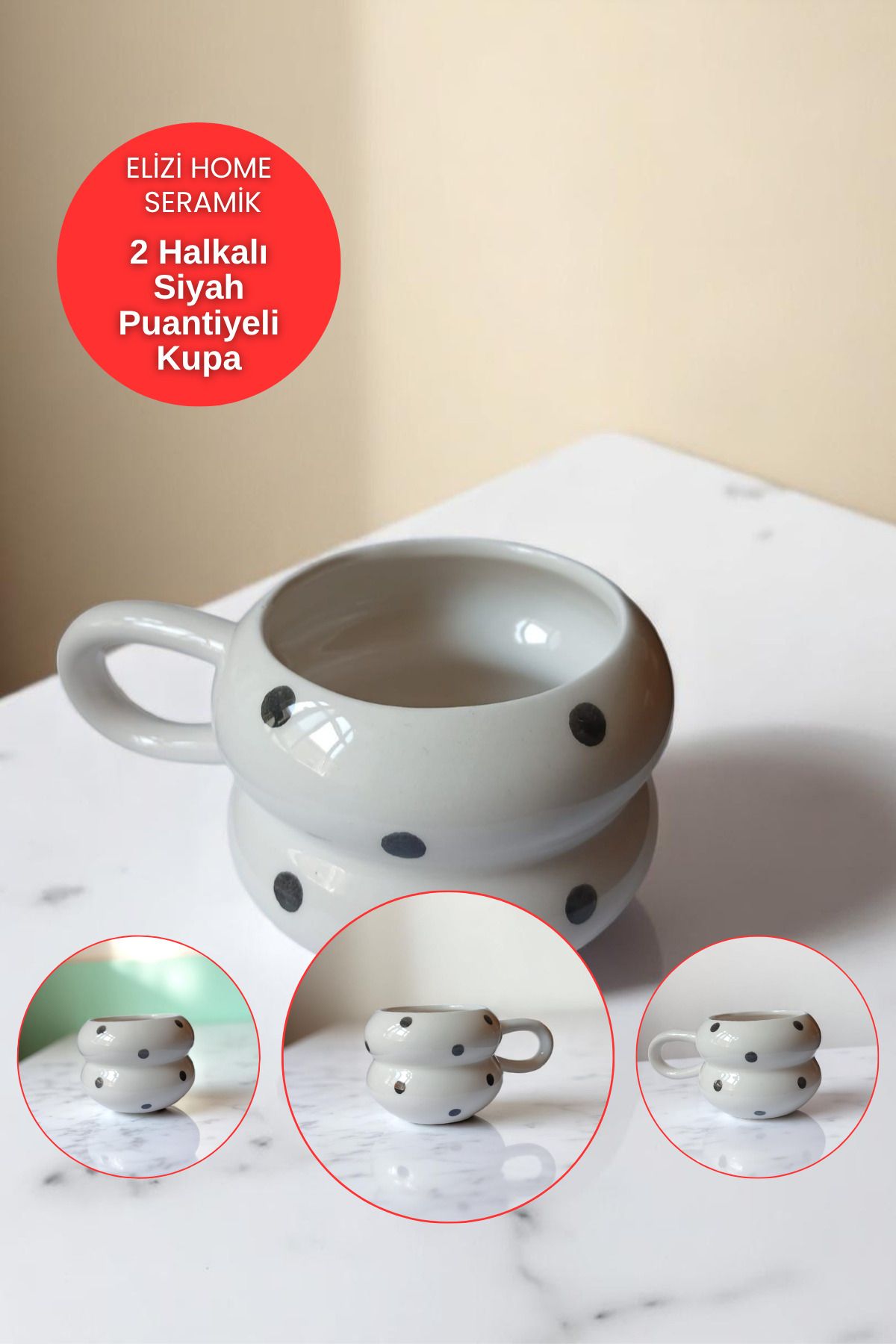 REAY HOME El Yapımı Seramik Siyah Puantiyeli 2 Halkalı Handmade Mug Kupa Fincan Tasarım Mug Kupa Fincan