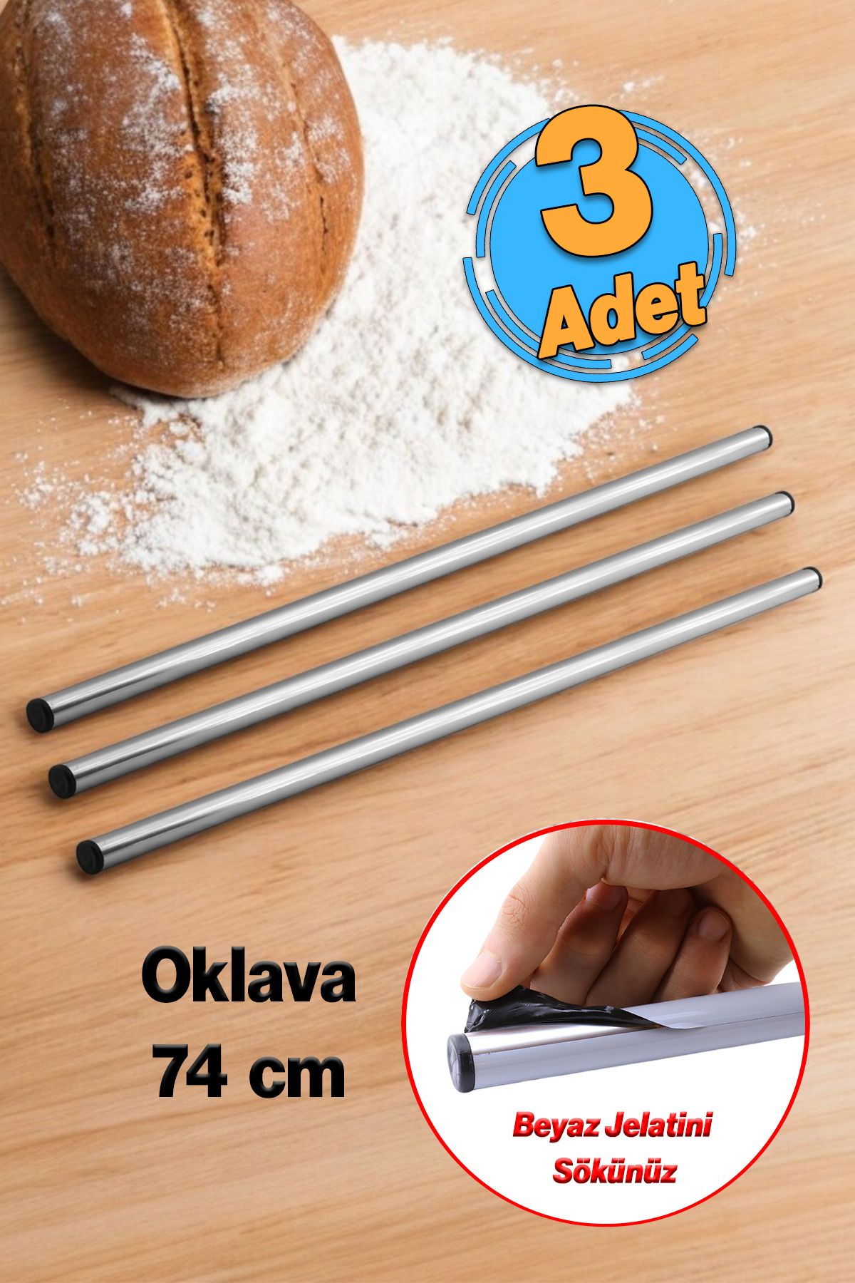 Badem10 (3 Adet) Alüminyum Metal Oklava 74 cm Mutfak Börek Hamur Un Yufka Açma Silindir Yuvarlak Krom