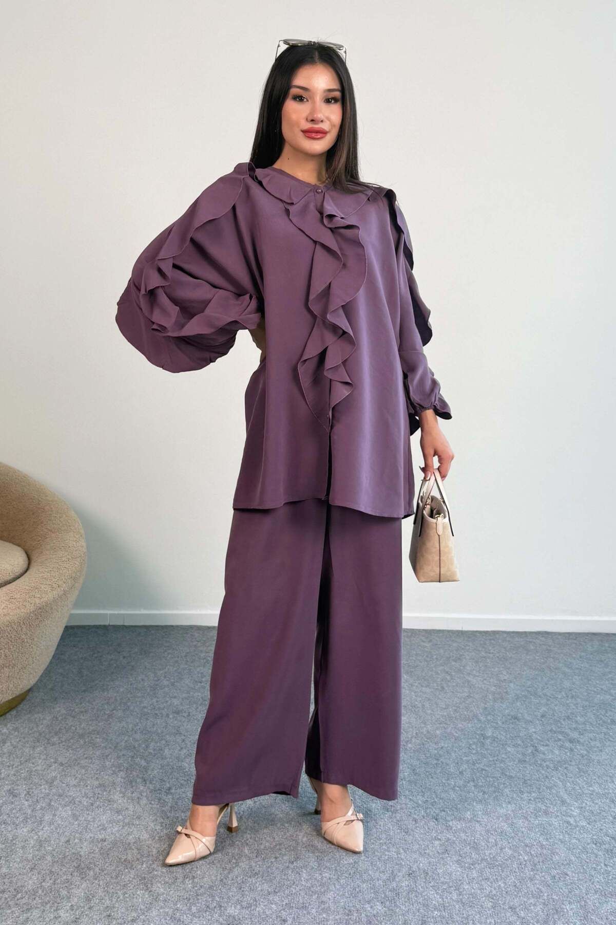 Hatun Atila Fırfır Detaylı Uzun Kollu Bluz ve Geniş Paça Pantolon İkili Takım 8023 - Mürdüm