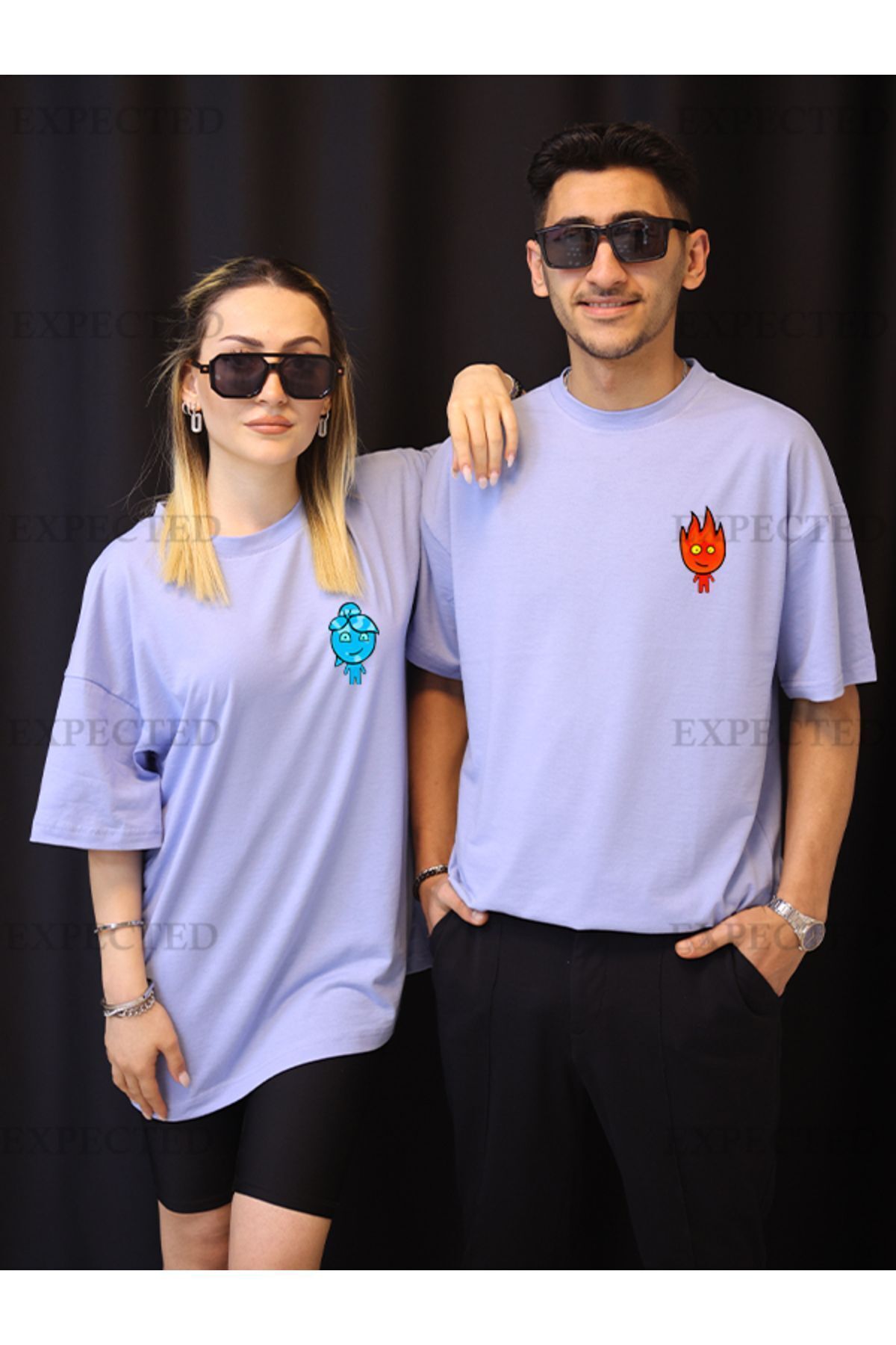 EXPECTED Sevgili Çift Arkadaş Kombini Ateş Ve Su Baskılı Oversize Unisex T-shirt - 2 adet