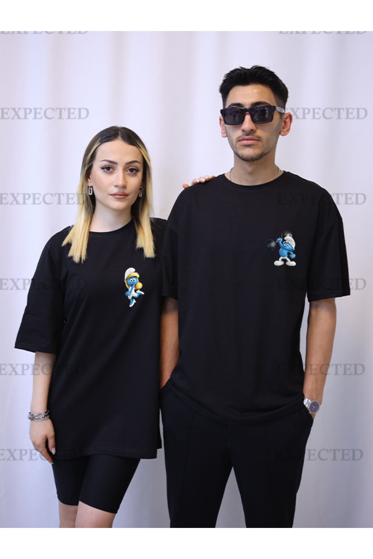 EXPECTED Sevgili Çift Arkadaş Kombini Şirin ve Şirine Baskılı Oversize Unisex T-shirt - 2 adet