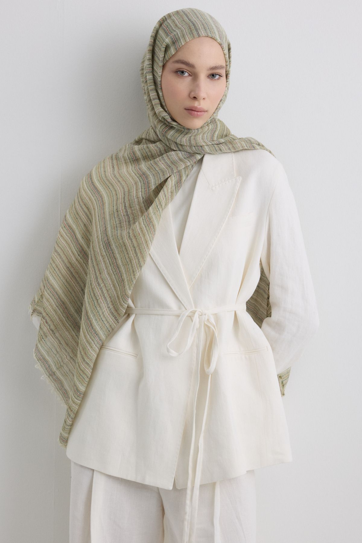 FENZA SCARF BABY HAKİ İNCE ÇİZGİLİ KETEN DOKULU PAMUKLU ŞAL