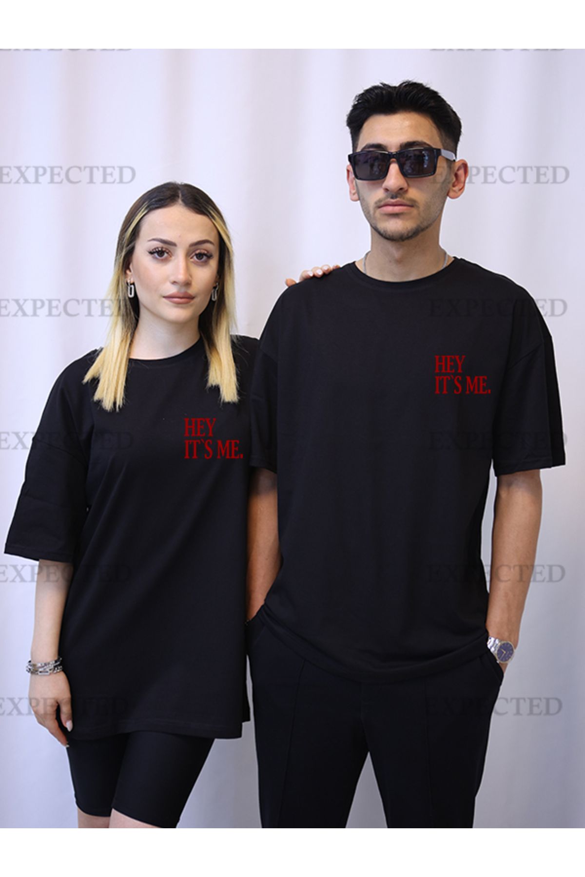 EXPECTED Sevgili Çift Arkadaş Kombini Hey It's Me Baskılı Oversize Unisex T-shirt - 2 adet