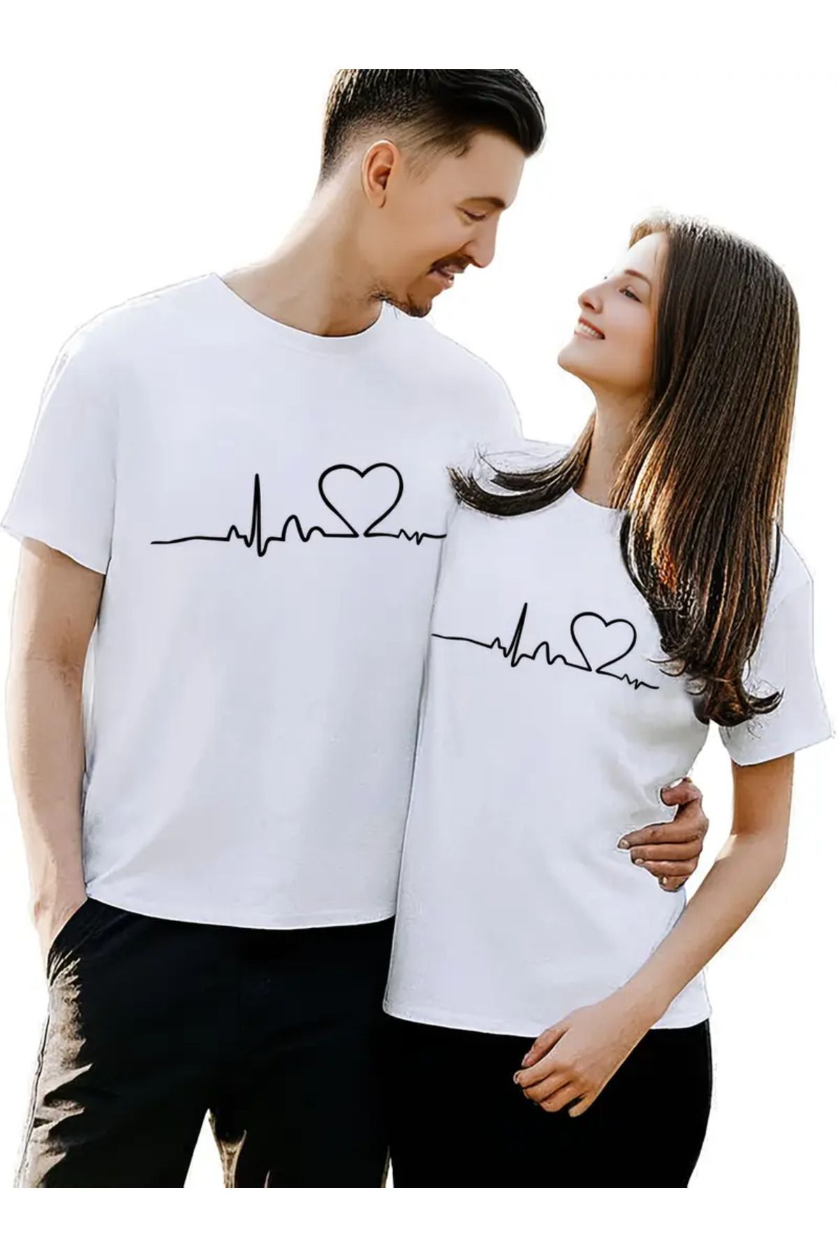 EXPECTED Unisex Beyaz Sevgili Çift Kombini Kalp Atışı Baskılı Oversize Rahat Kesim Şık Pamuklu T-shirt 2 ADET